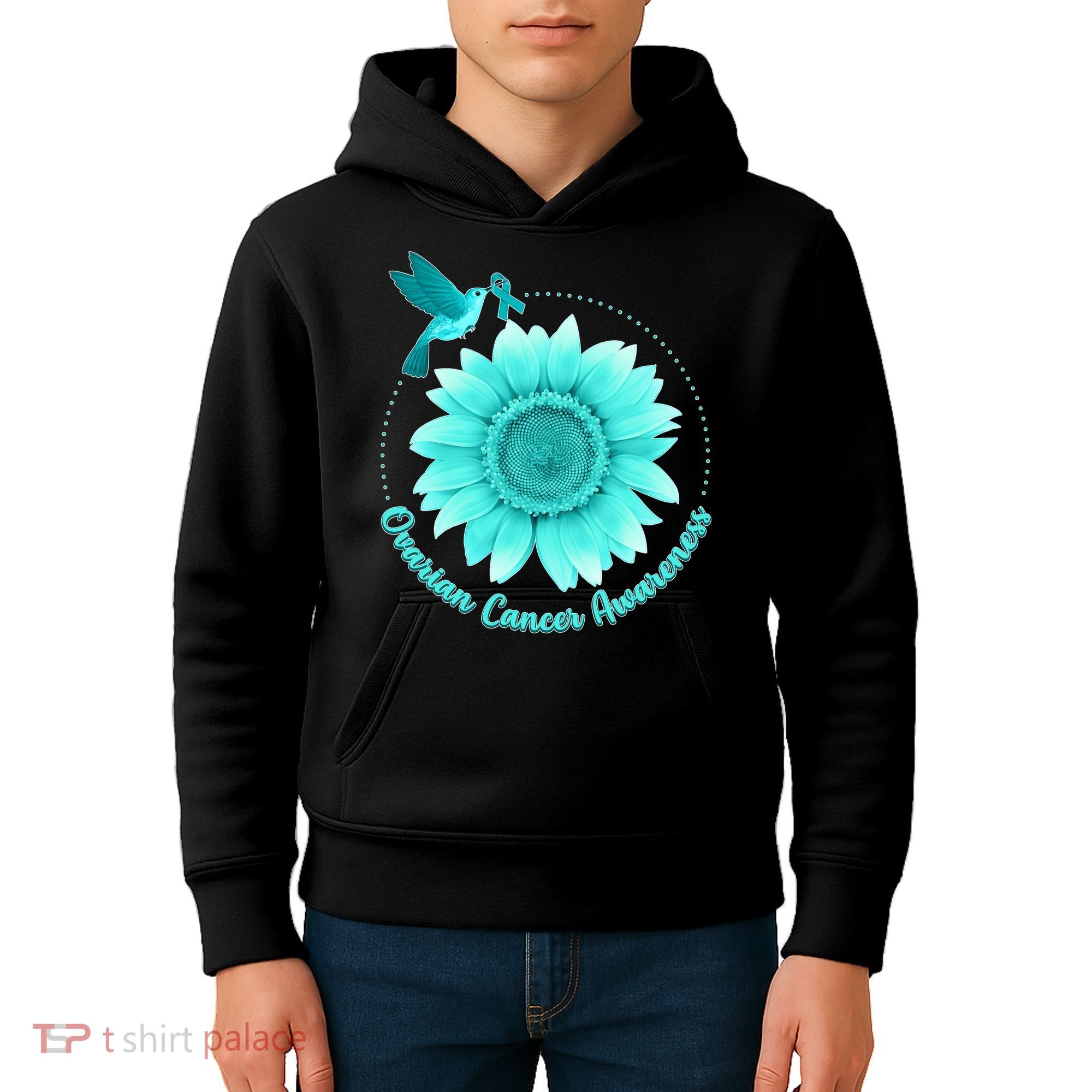 Ovarian Cancer Awareness Teal Hummingbird Sunflower Kids Hoodie