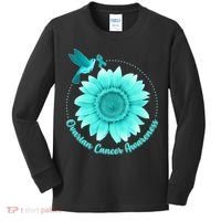 Ovarian Cancer Awareness Teal Hummingbird Sunflower Kids Long Sleeve Shirt thumb 0
