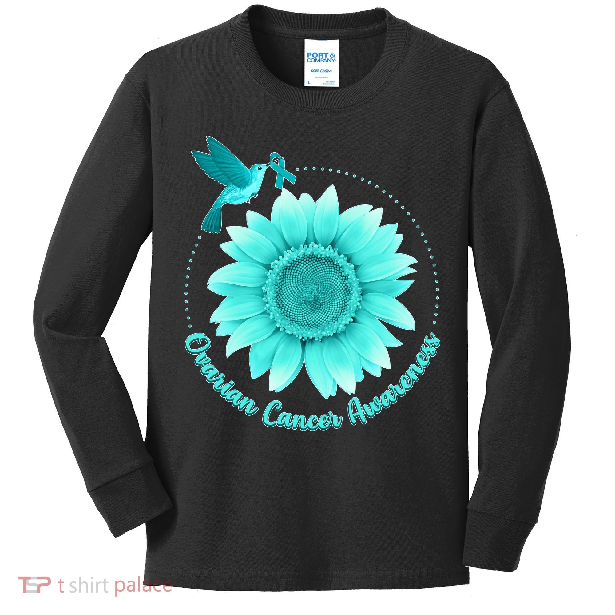 Ovarian Cancer Awareness Teal Hummingbird Sunflower Kids Long Sleeve Shirt