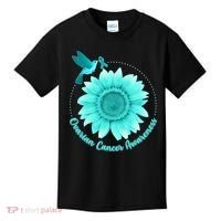 Ovarian Cancer Awareness Teal Hummingbird Sunflower Kids T-Shirt thumb 0