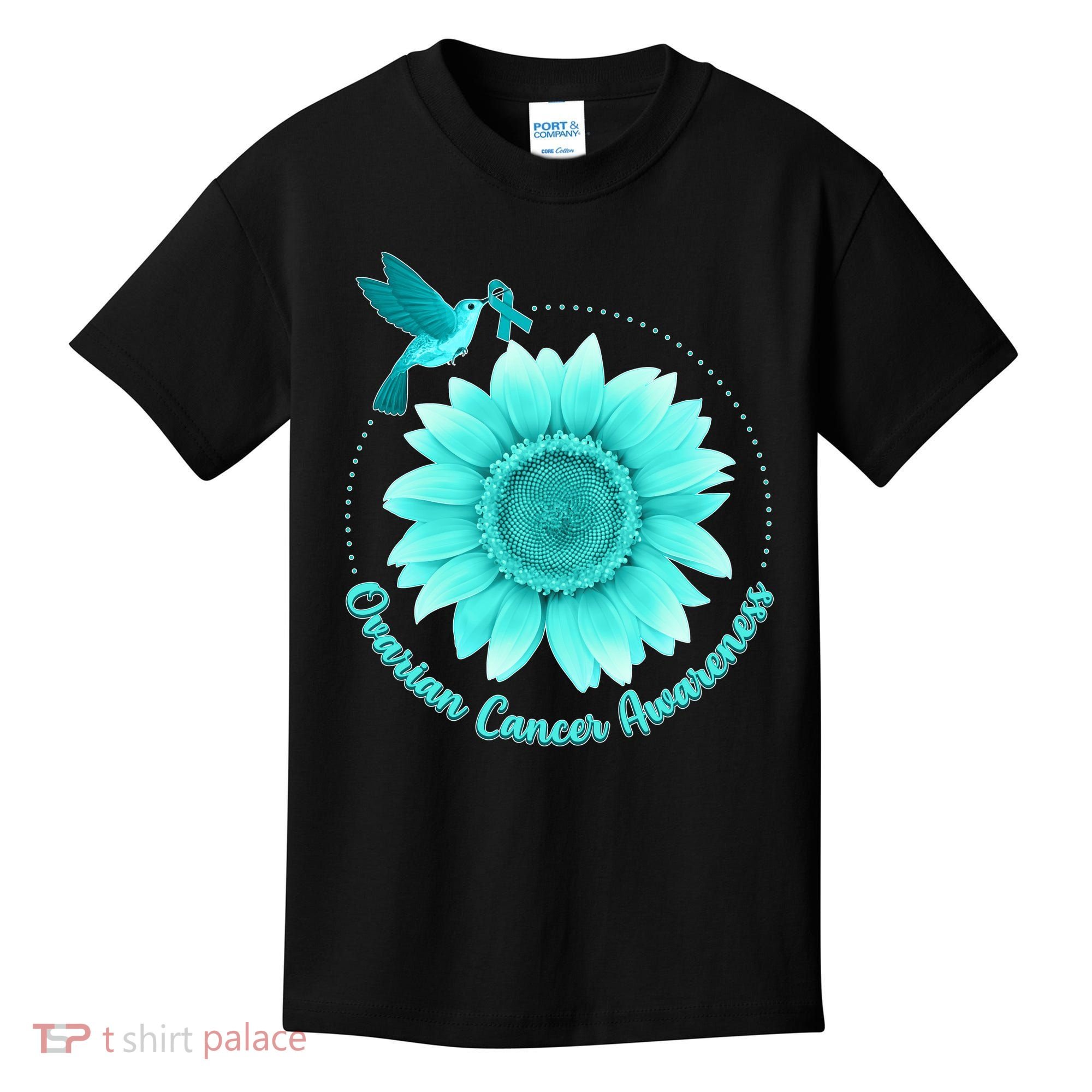 Ovarian Cancer Awareness Teal Hummingbird Sunflower Kids T-Shirt
