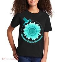 Ovarian Cancer Awareness Teal Hummingbird Sunflower Kids T-Shirt thumb 2