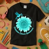 Ovarian Cancer Awareness Teal Hummingbird Sunflower Kids T-Shirt thumb 3