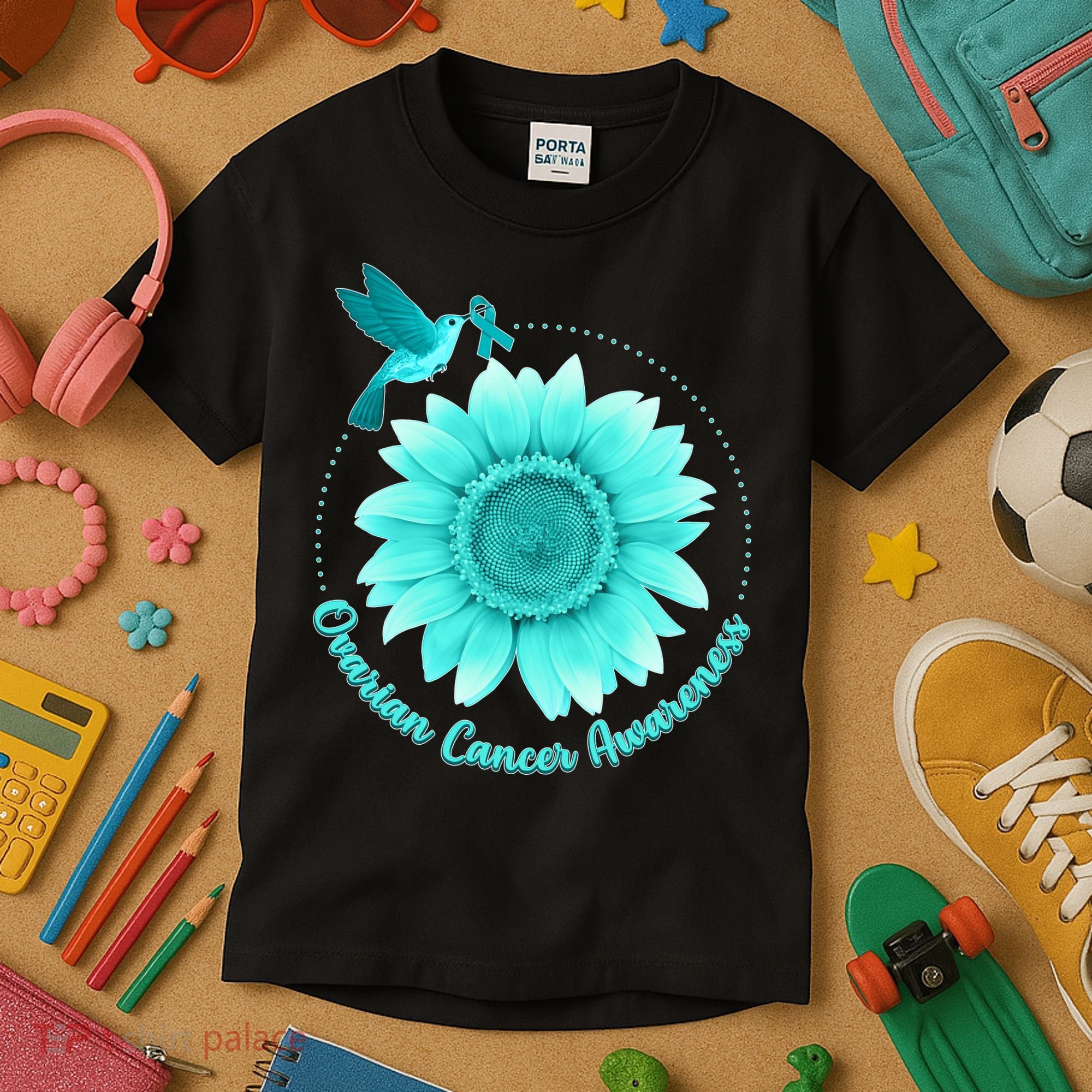 Ovarian Cancer Awareness Teal Hummingbird Sunflower Kids T-Shirt