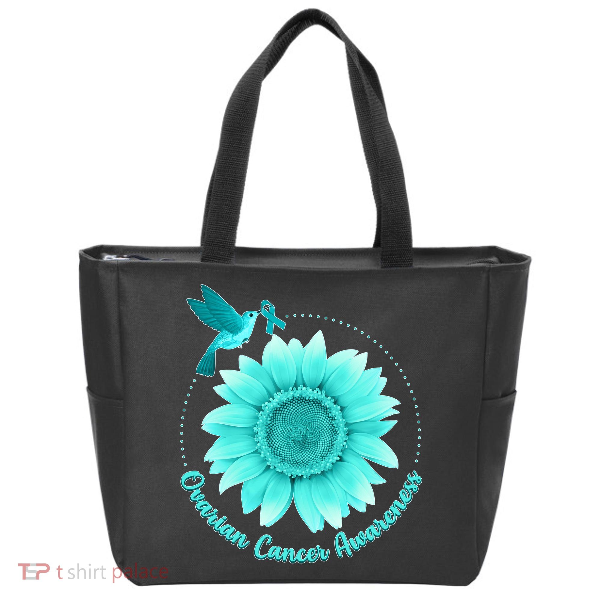 Ovarian Cancer Awareness Teal Hummingbird Sunflower Tote Bag