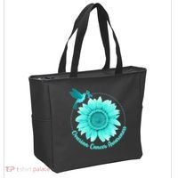 Ovarian Cancer Awareness Teal Hummingbird Sunflower Tote Bag thumb 2
