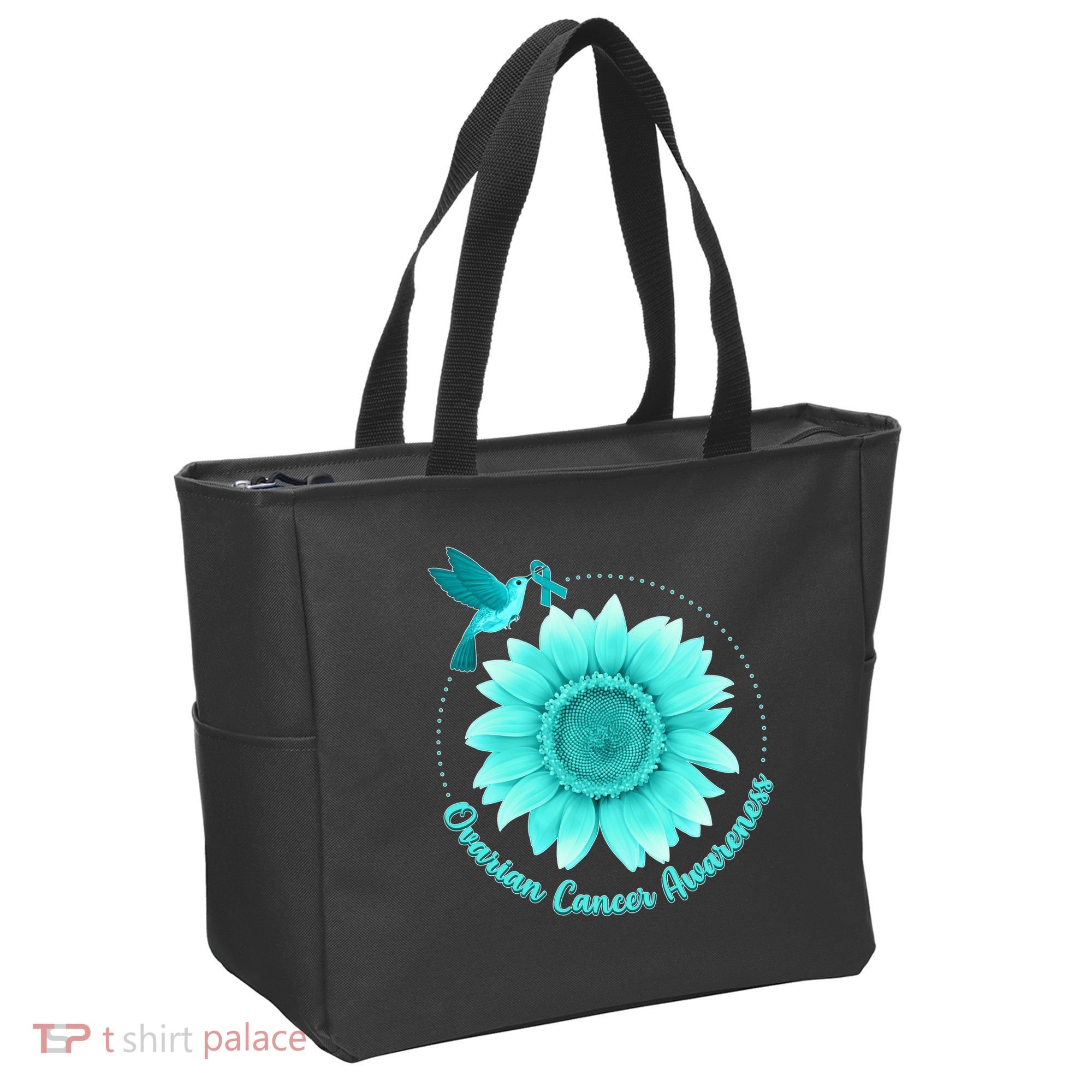 Ovarian Cancer Awareness Teal Hummingbird Sunflower Tote Bag