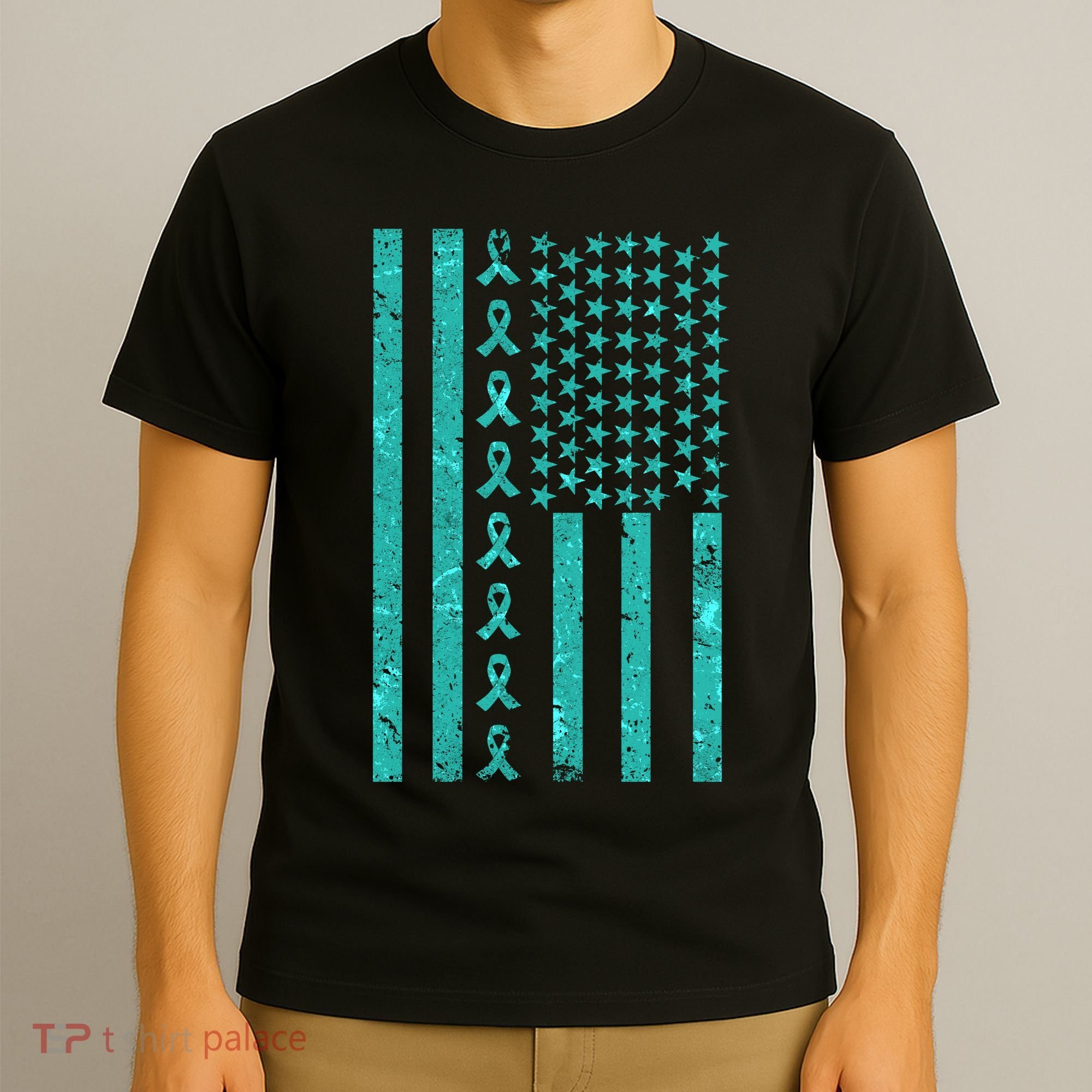 American Flag Ovarian Cancer Awareness Ribbon T-Shirt