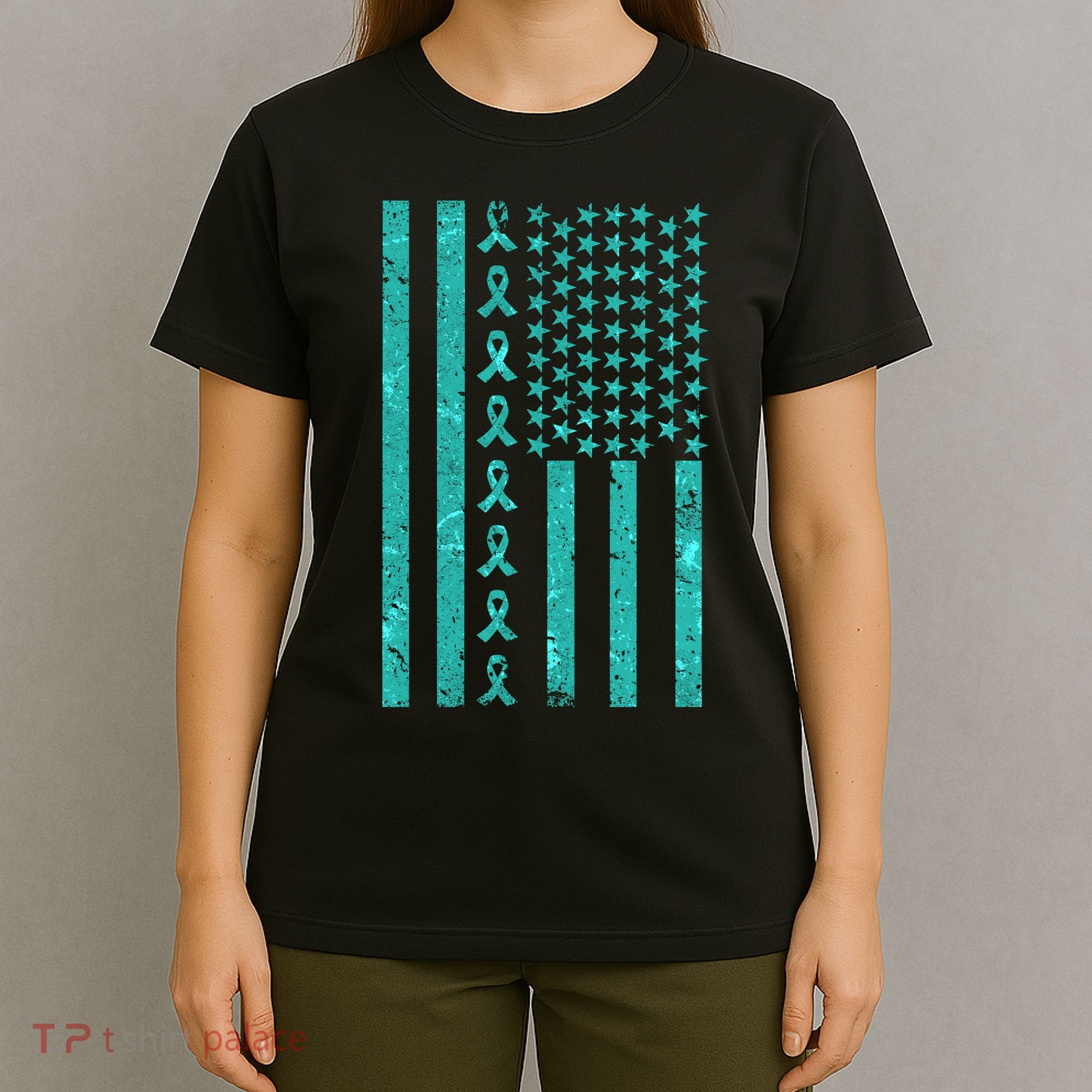 American Flag Ovarian Cancer Awareness Ribbon T-Shirt