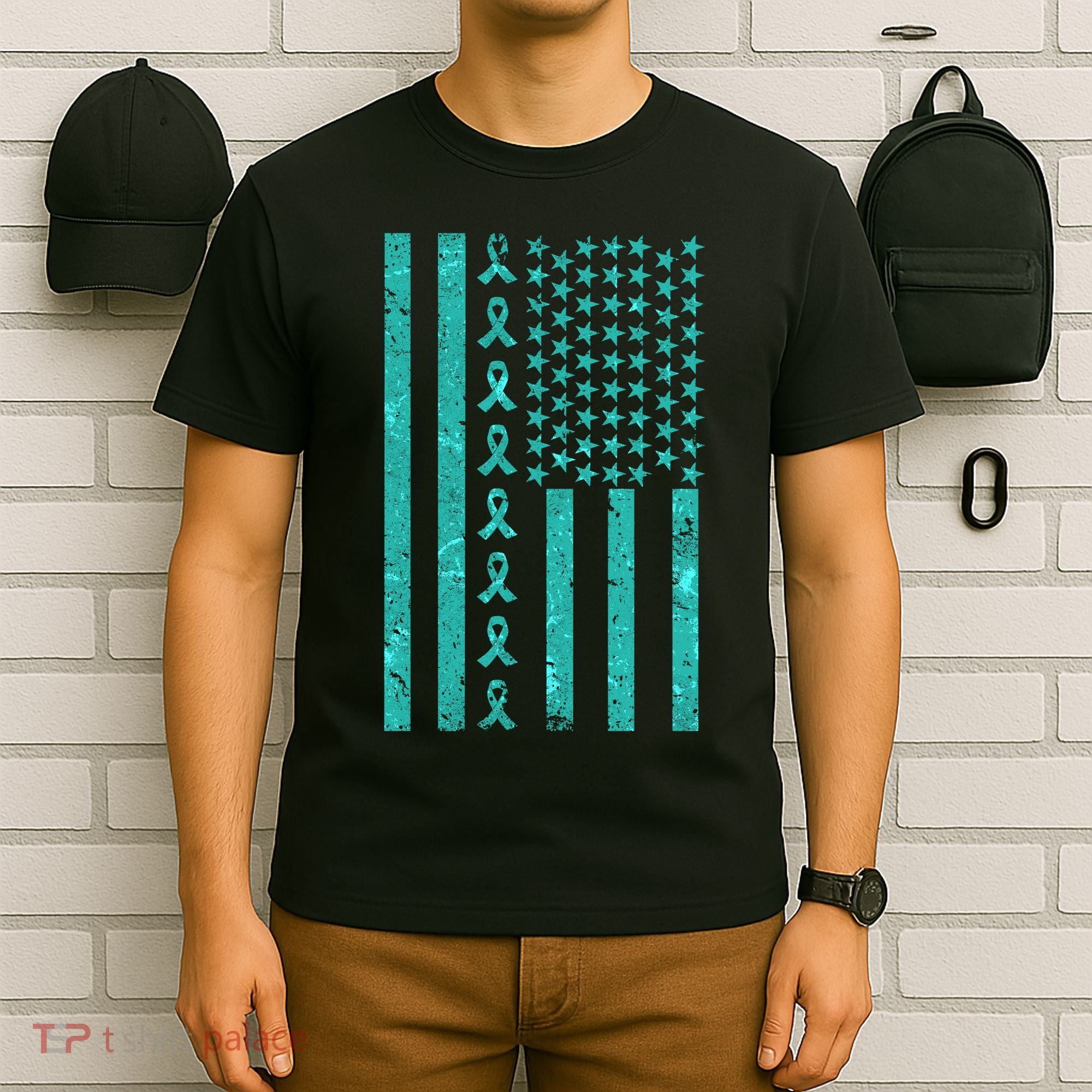 American Flag Ovarian Cancer Awareness Ribbon T-Shirt