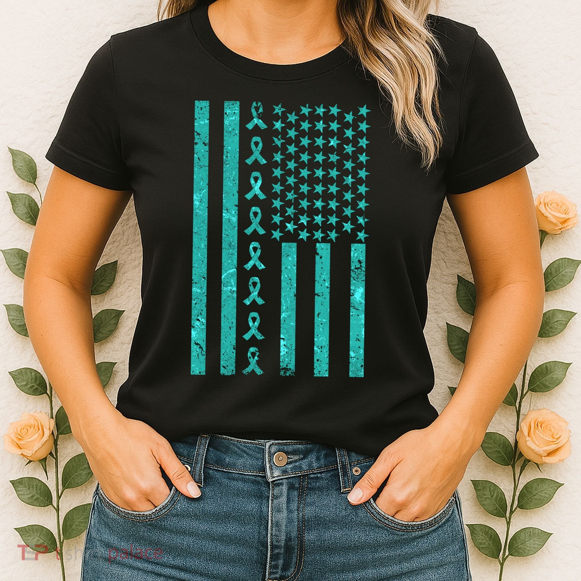 American Flag Ovarian Cancer Awareness Ribbon Women's T-Shirt