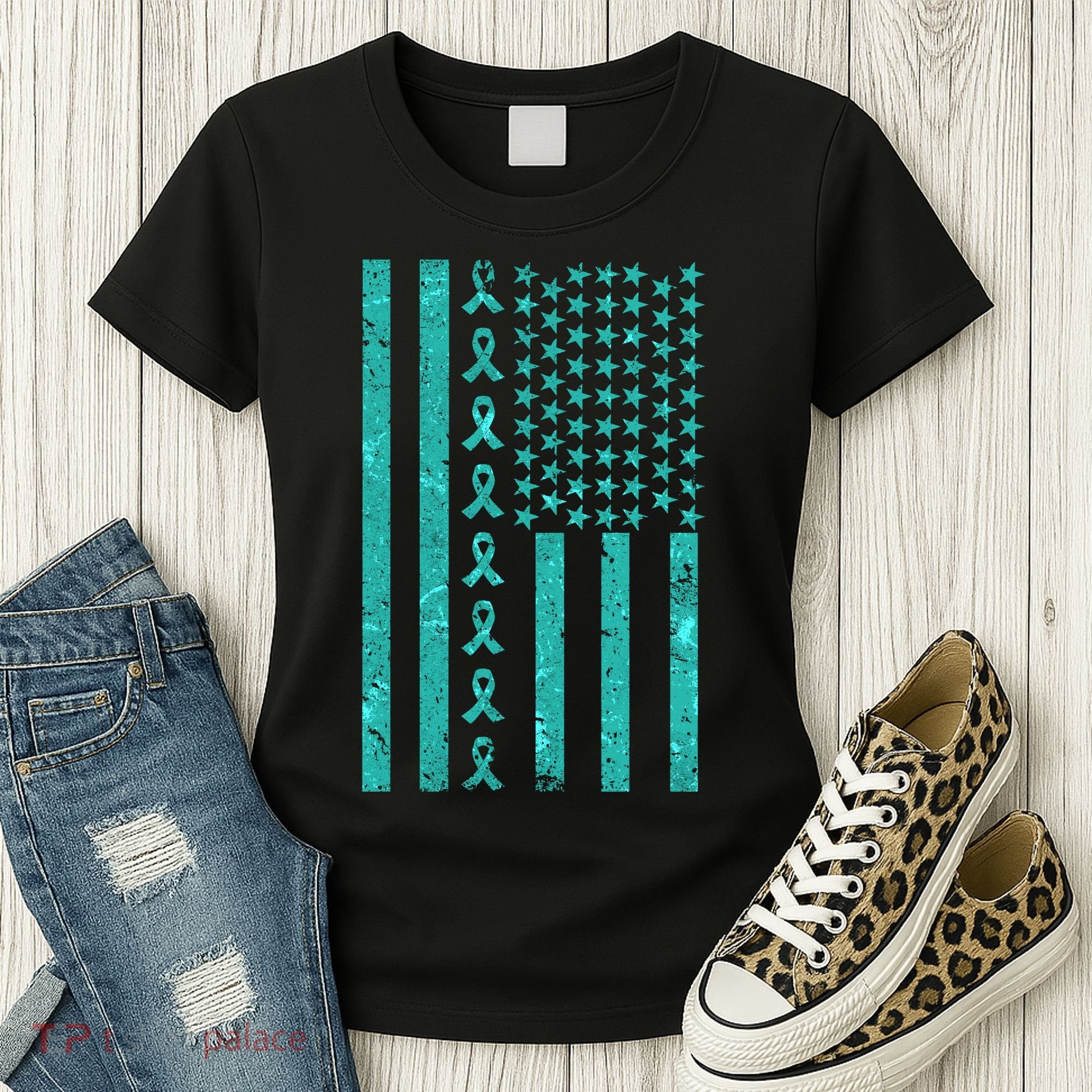 American Flag Ovarian Cancer Awareness Ribbon Women's T-Shirt