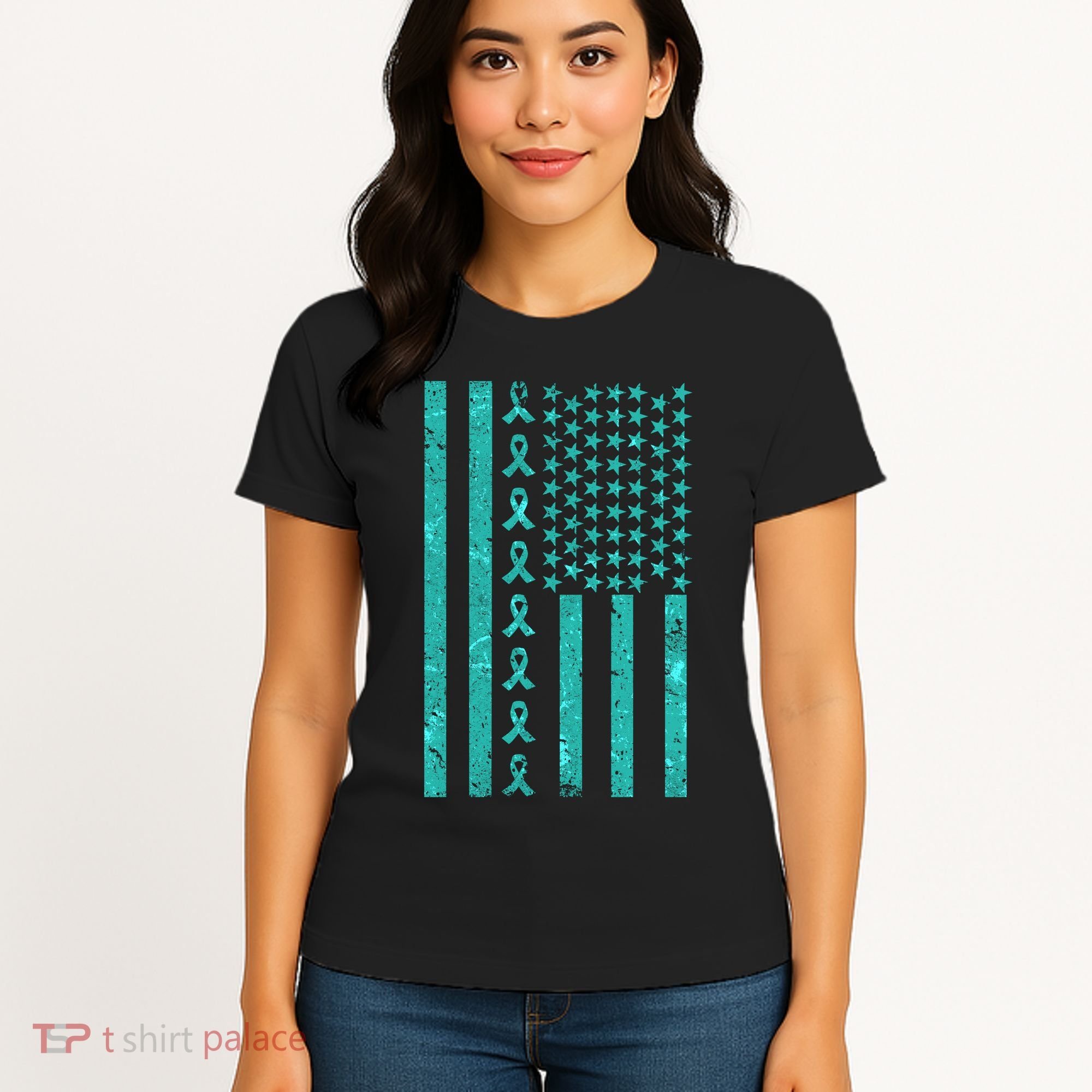 American Flag Ovarian Cancer Awareness Ribbon Women's T-Shirt
