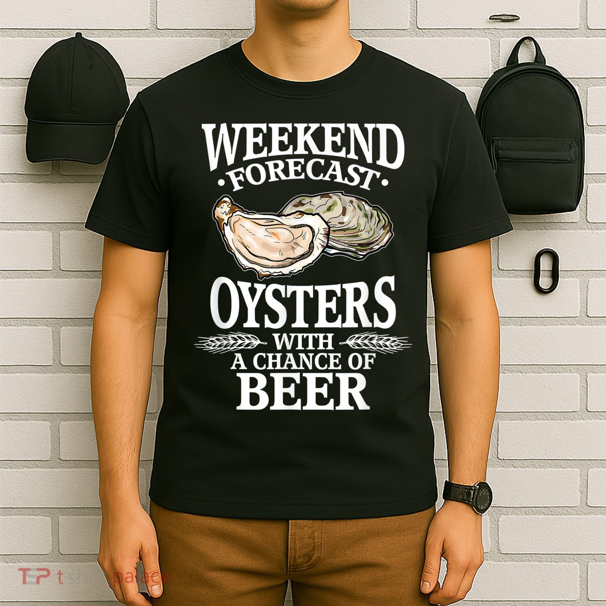 Oysters With A Chance Of Beer Weekend Forecast Funny Seafood T-Shirt