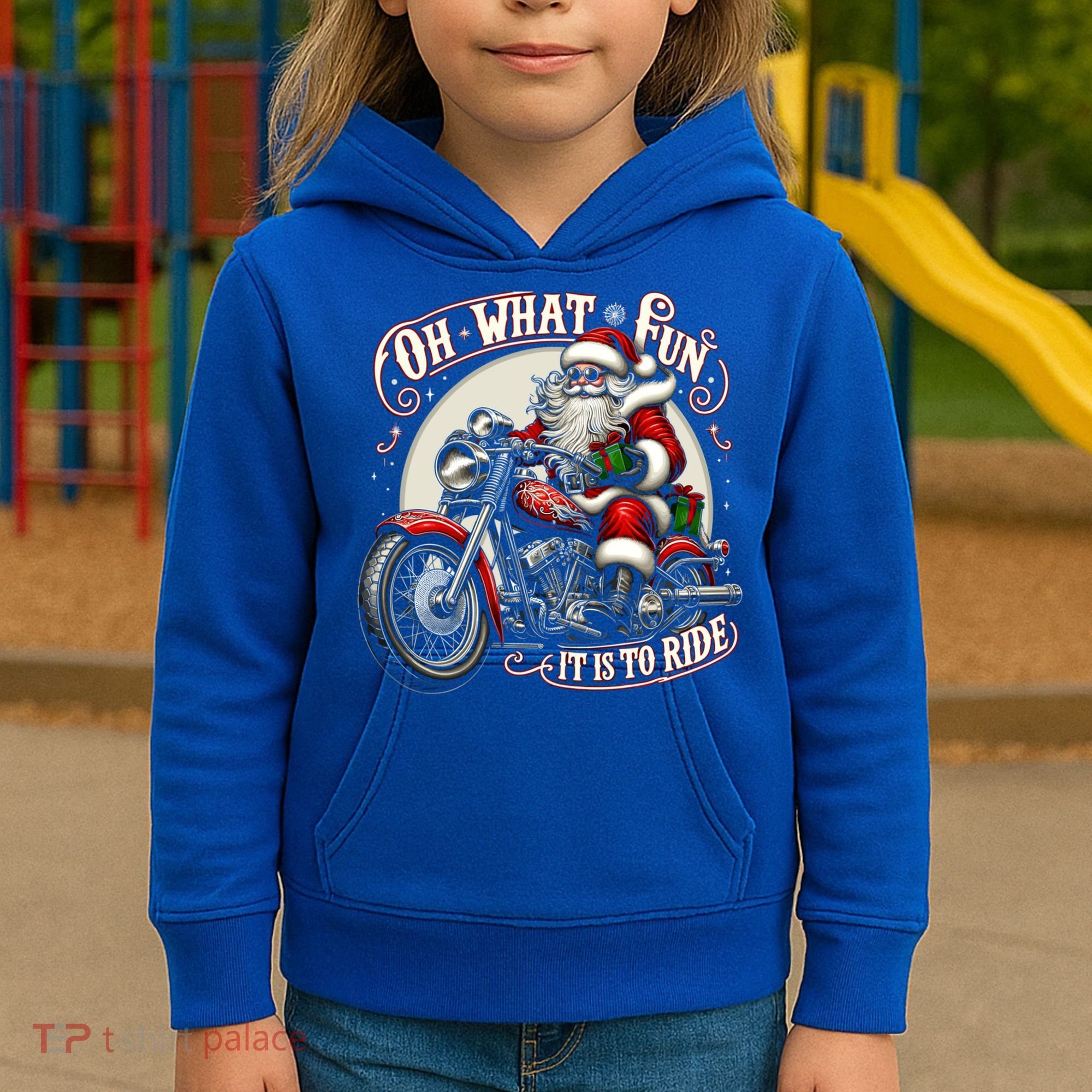 Oh What Fun It Is To Ride Motorcycle Biker Santa Xmas Gift Kids Hoodie