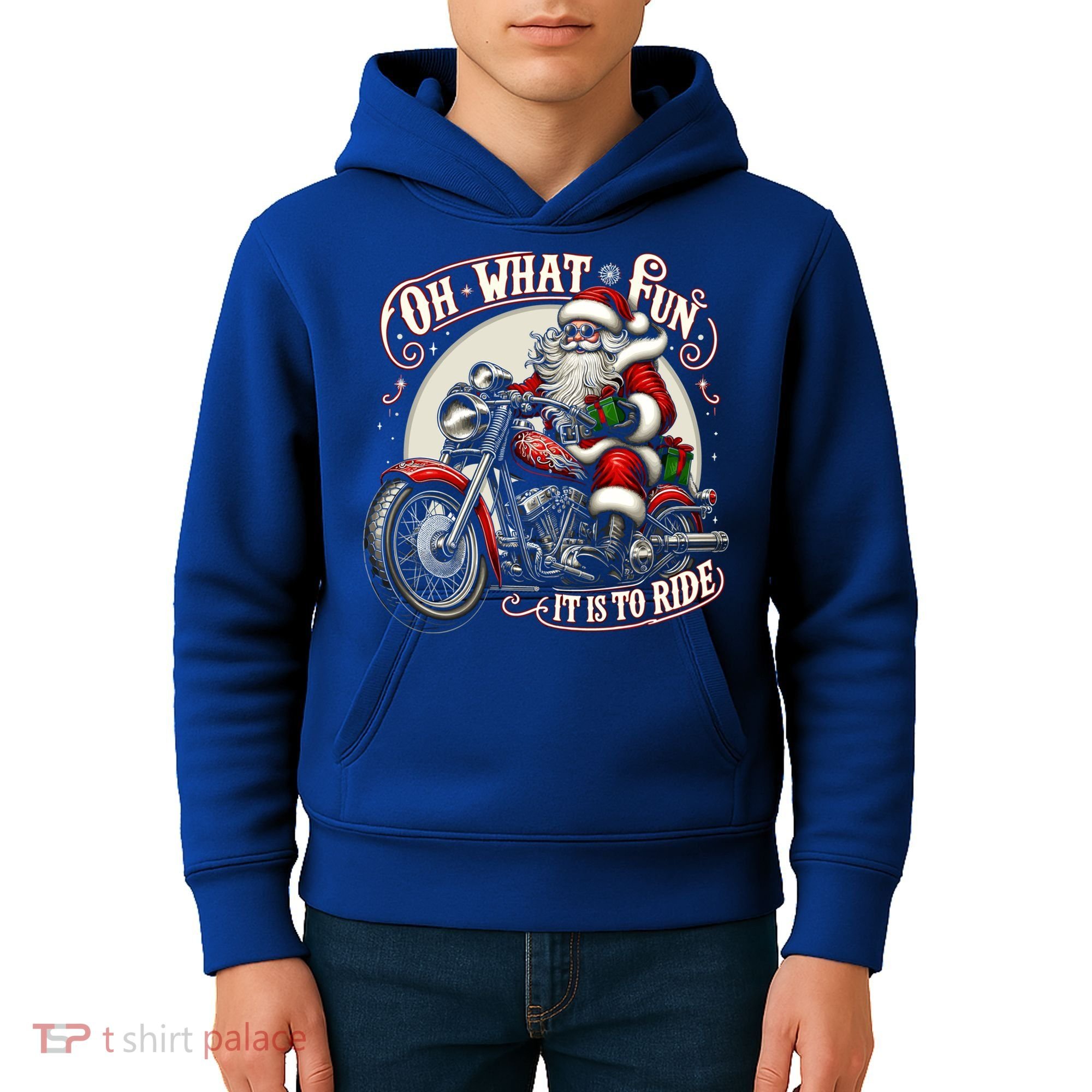 Oh What Fun It Is To Ride Motorcycle Biker Santa Xmas Gift Kids Hoodie