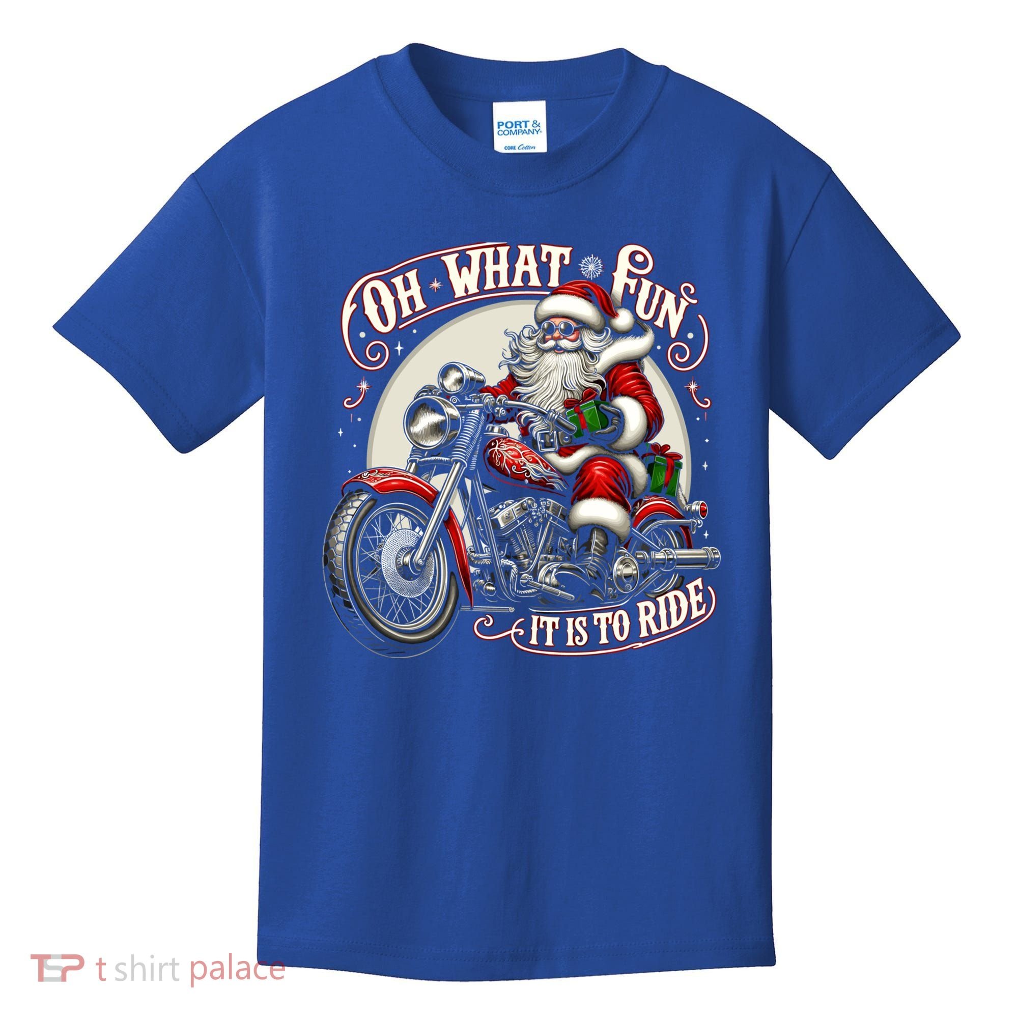 Oh What Fun It Is To Ride Motorcycle Biker Santa Xmas Gift Kids T-Shirt
