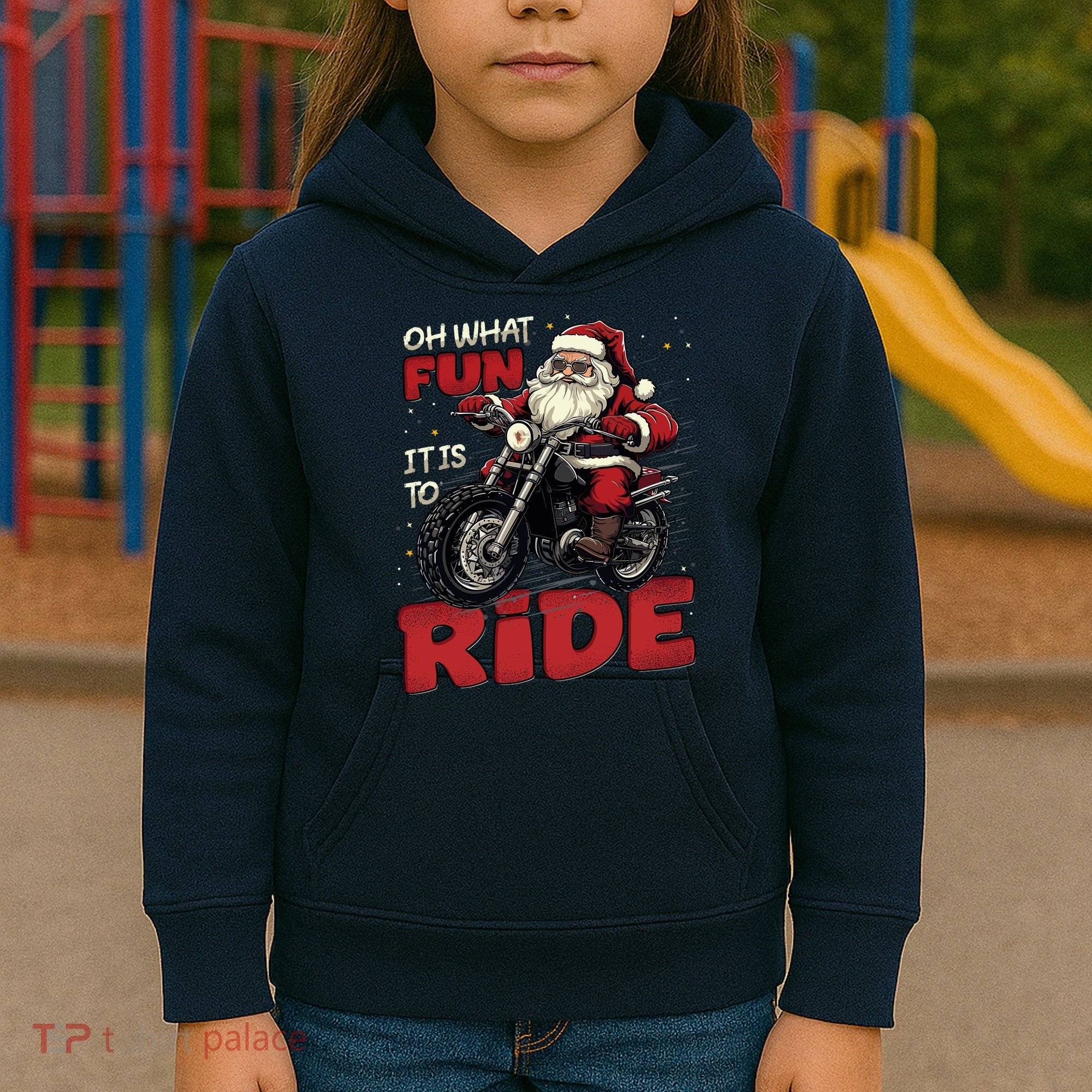 Oh What Fun It Is To Ride Funny Biker Santa On A Motorcycle Kids Hoodie