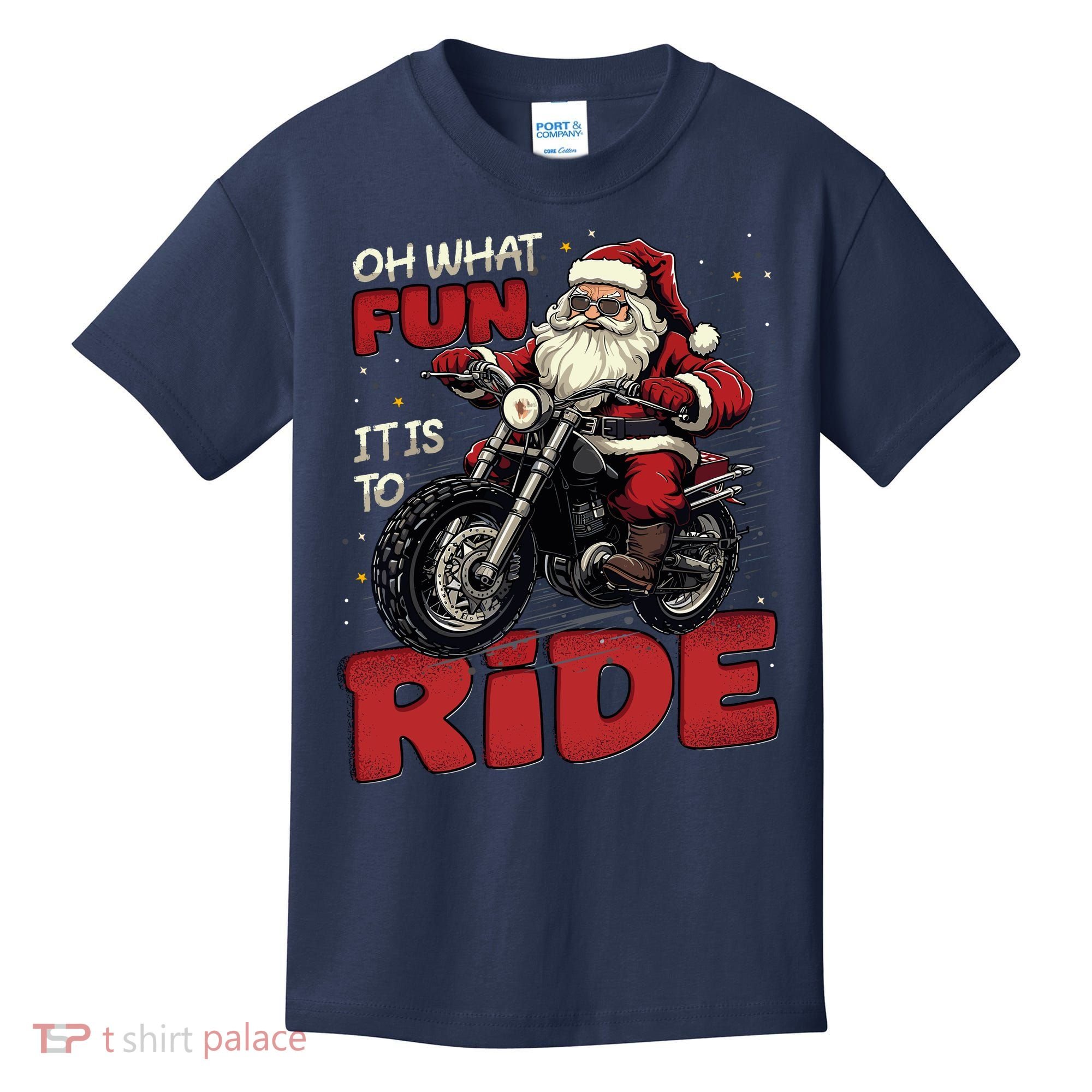 Oh What Fun It Is To Ride Funny Biker Santa On A Motorcycle Kids T-Shirt