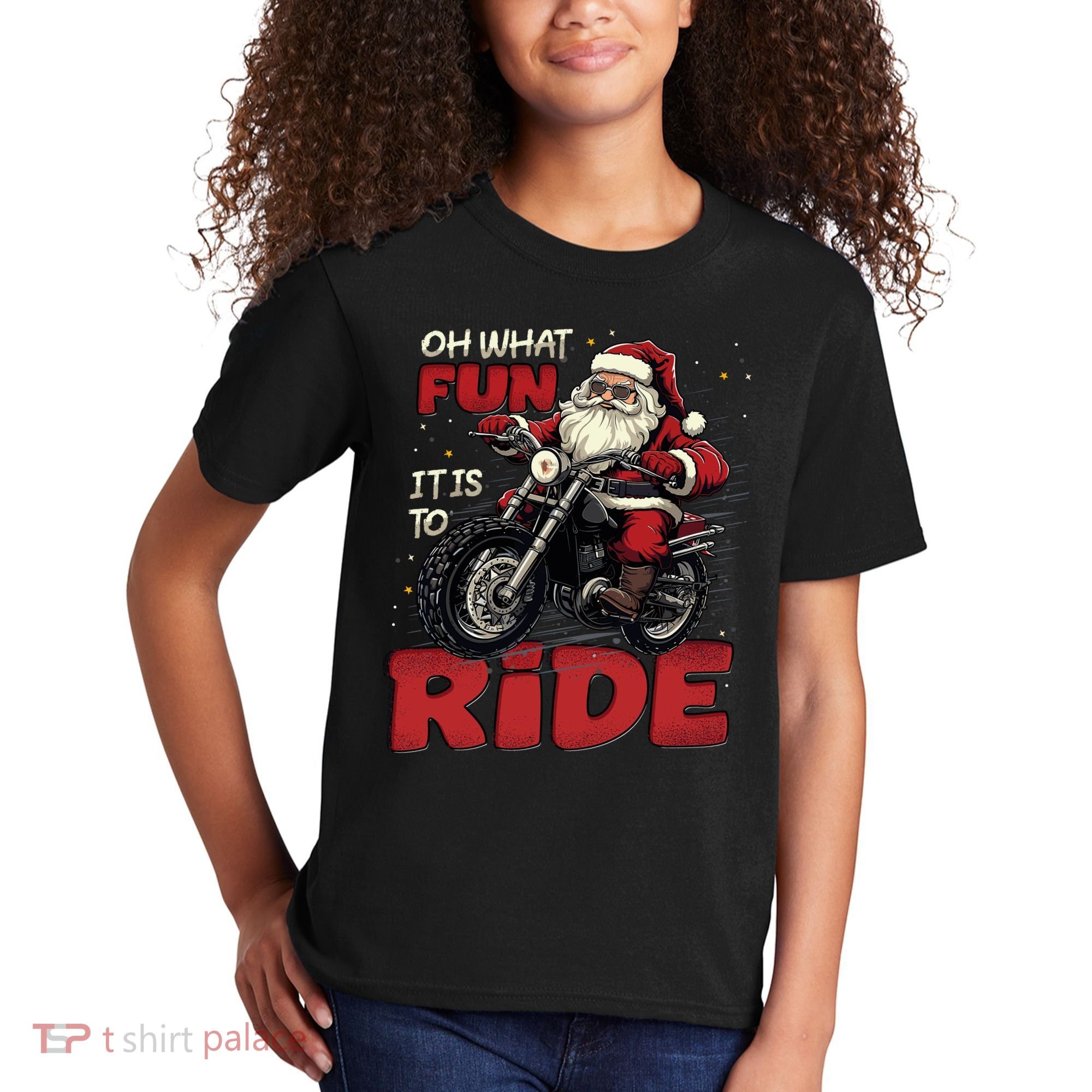 Oh What Fun It Is To Ride Funny Biker Santa On A Motorcycle Kids T-Shirt