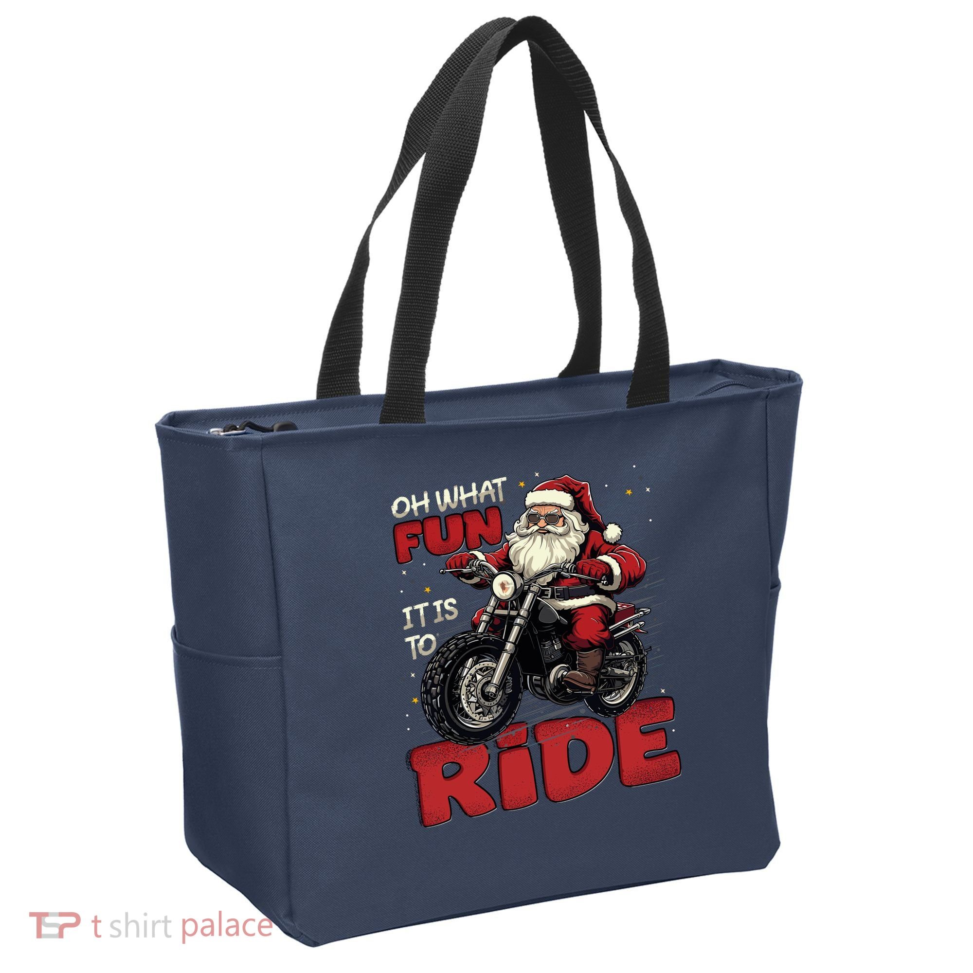 Oh What Fun It Is To Ride Funny Biker Santa On A Motorcycle Tote Bag