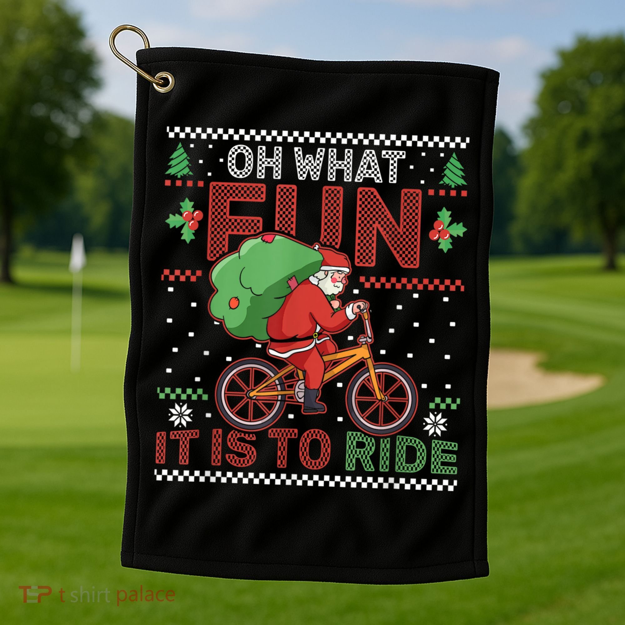 Oh What Fun It Is To Ride Bicycle Cyclist Christmas Golf Towel