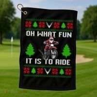 Oh What Fun It Is To Ride Motorcycle Santa Ugly Christmas Golf Towel thumb 1