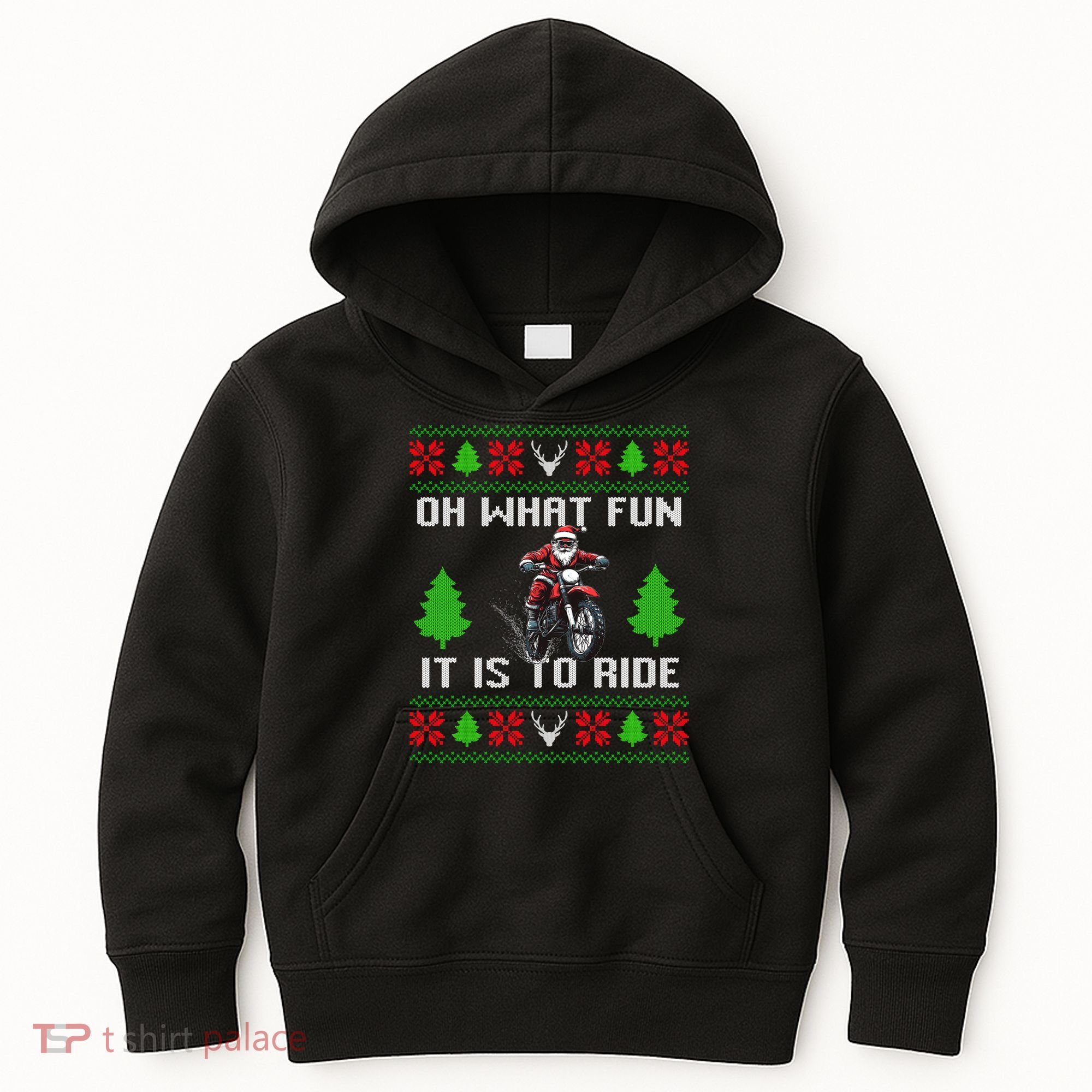 Oh What Fun It Is To Ride Motorcycle Santa Ugly Christmas Kids Hoodie