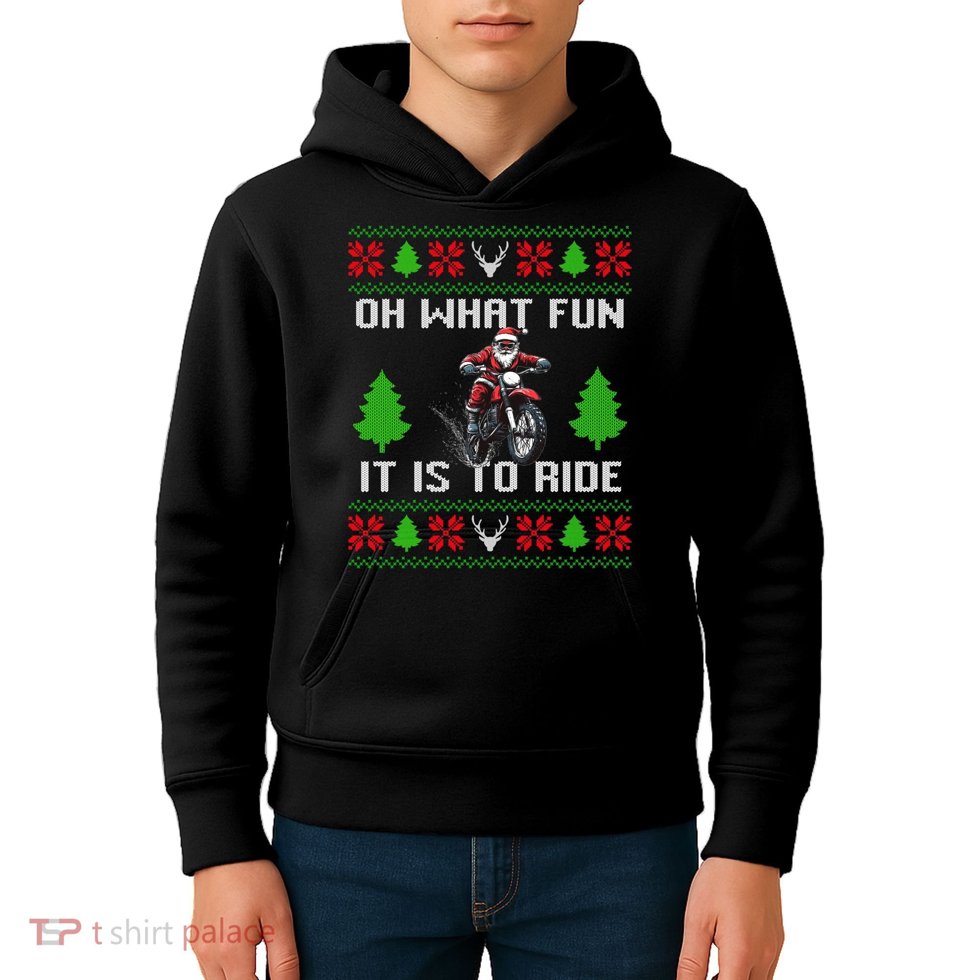 Oh What Fun It Is To Ride Motorcycle Santa Ugly Christmas Kids Hoodie