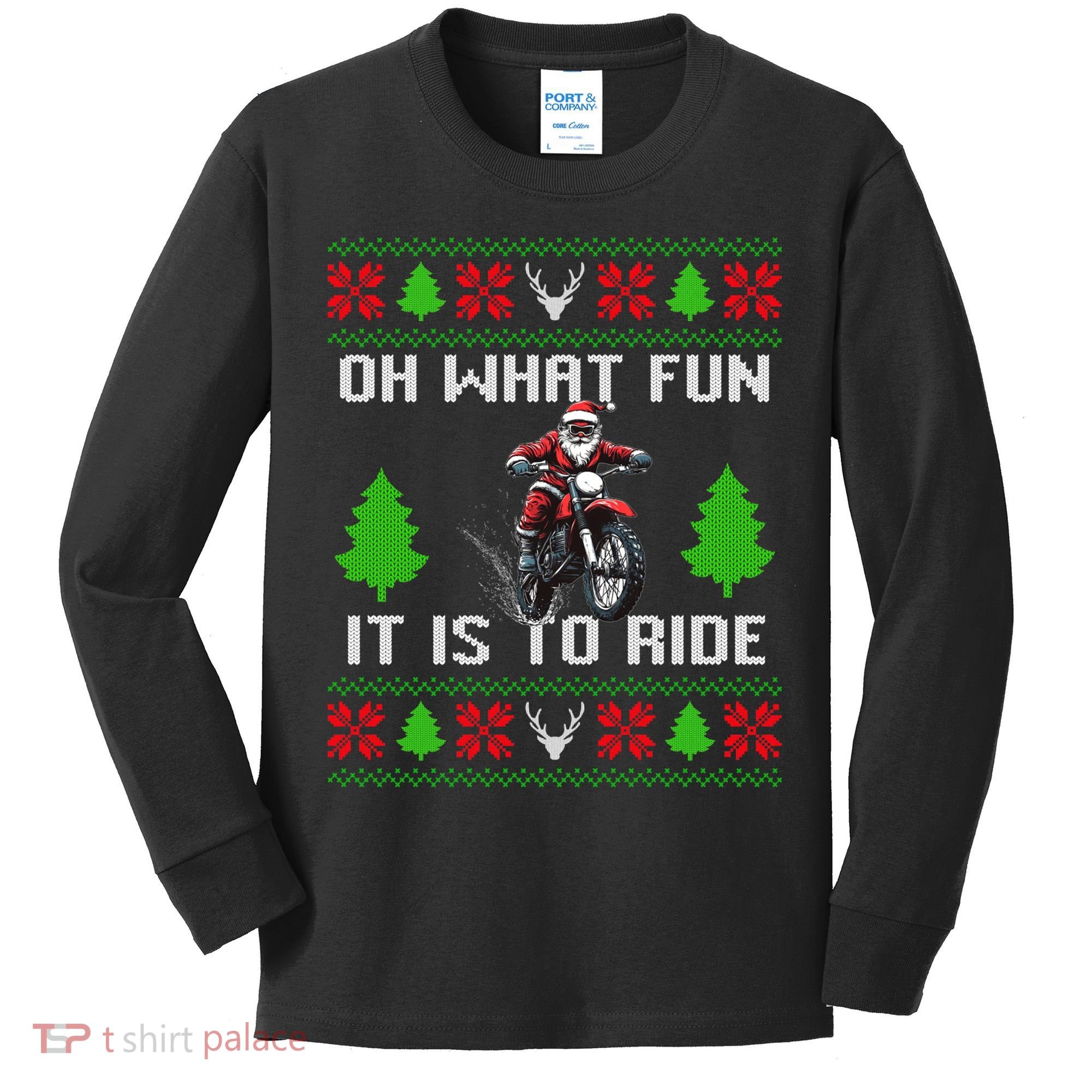 Oh What Fun It Is To Ride Motorcycle Santa Ugly Christmas Kids Long Sleeve Shirt