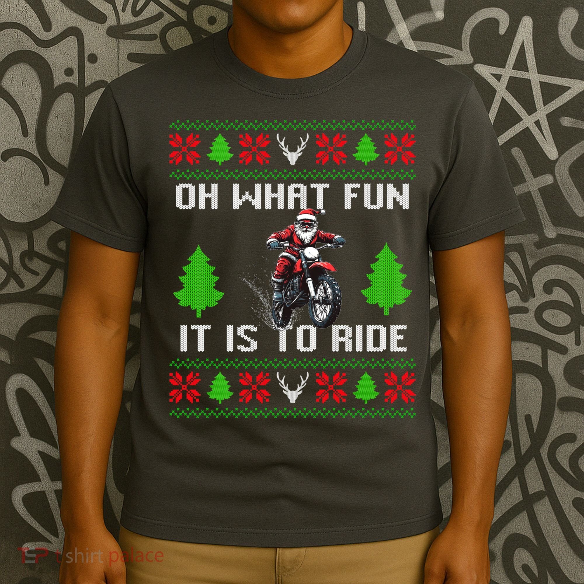 Oh What Fun It Is To Ride Motorcycle Santa Ugly Christmas T-Shirt