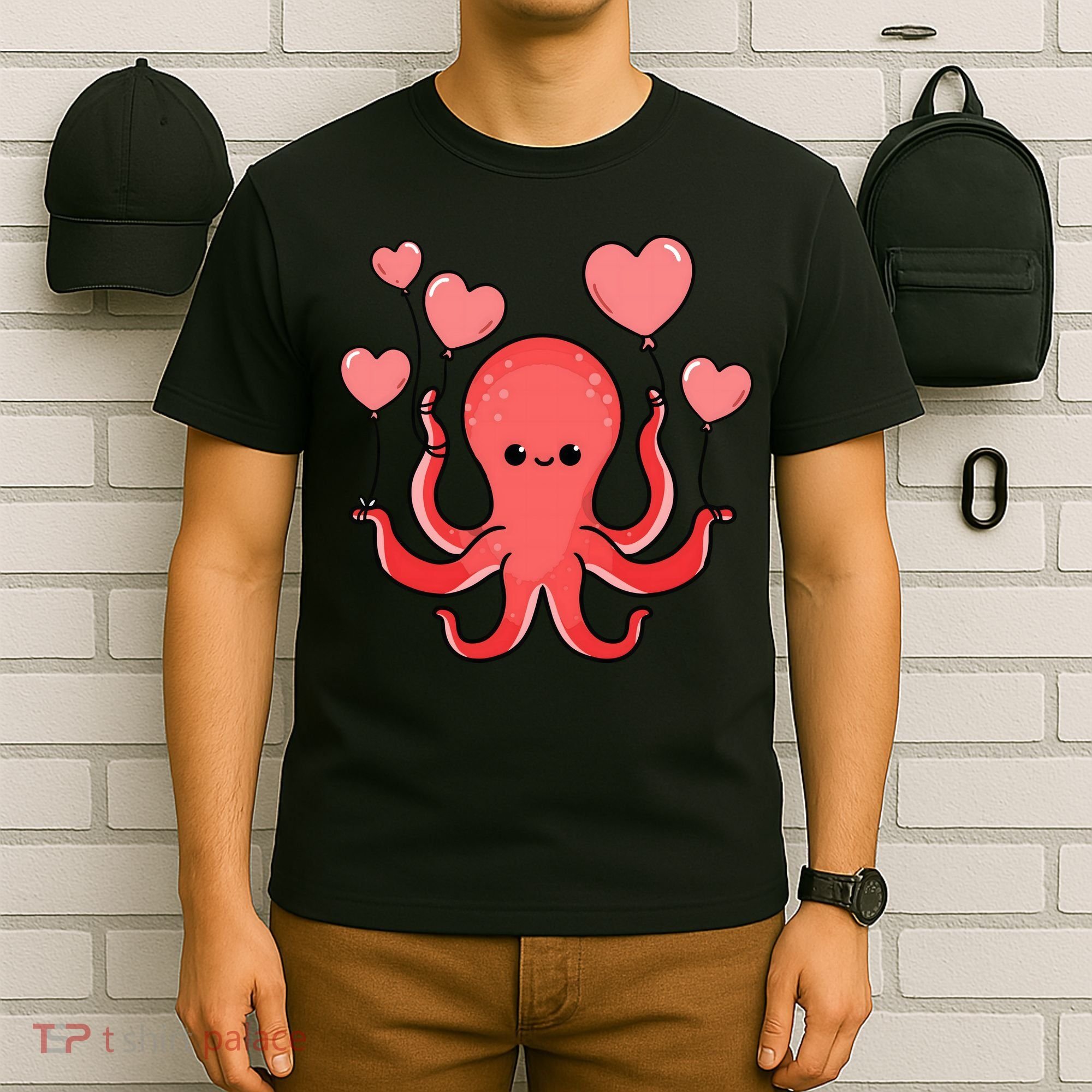Octopus With Heart Balloons Valentines Day Octopus T-Shirt