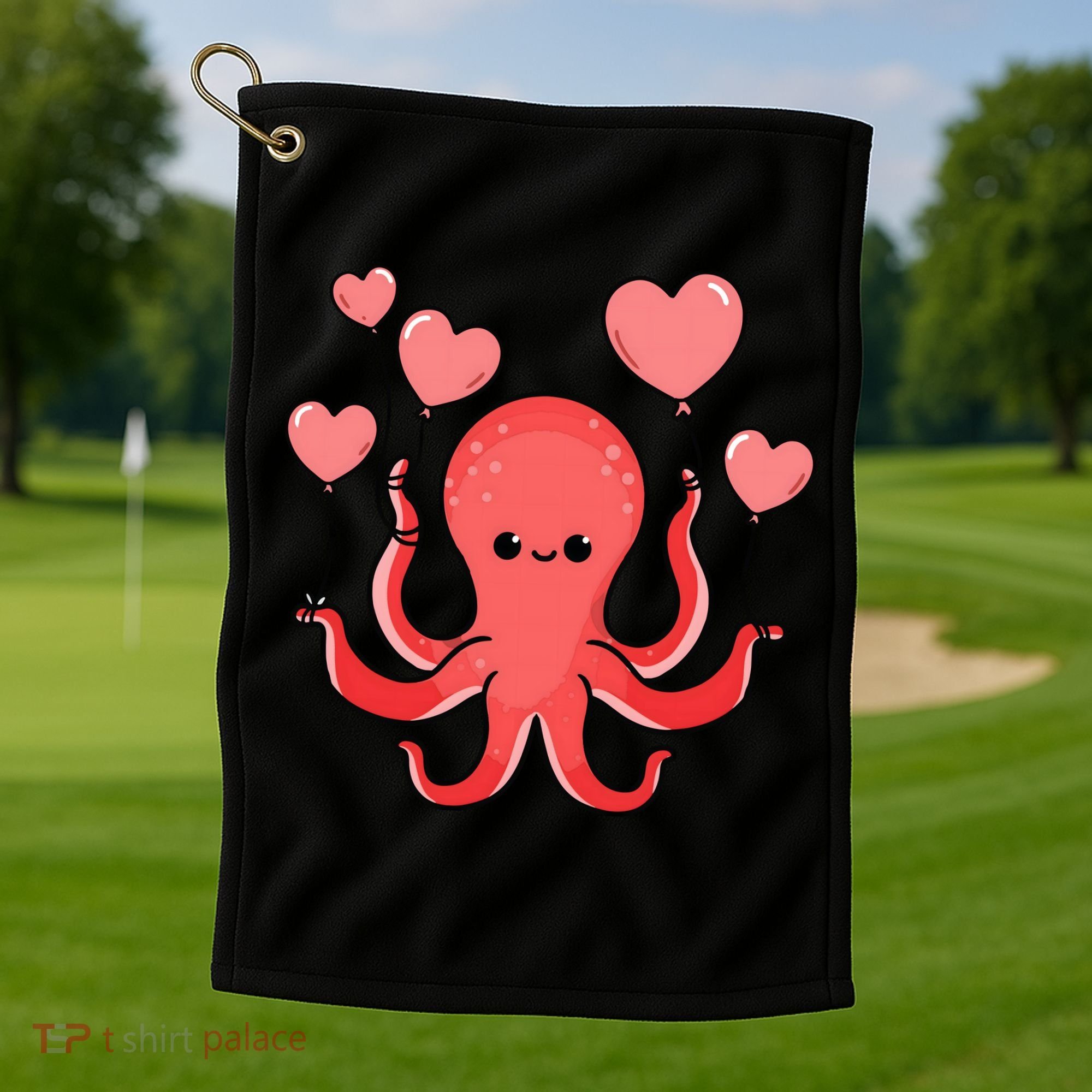 Octopus With Heart Balloons Valentines Day Octopus Golf Towel