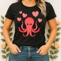 Octopus With Heart Balloons Valentines Day Octopus Women's T-Shirt thumb 2