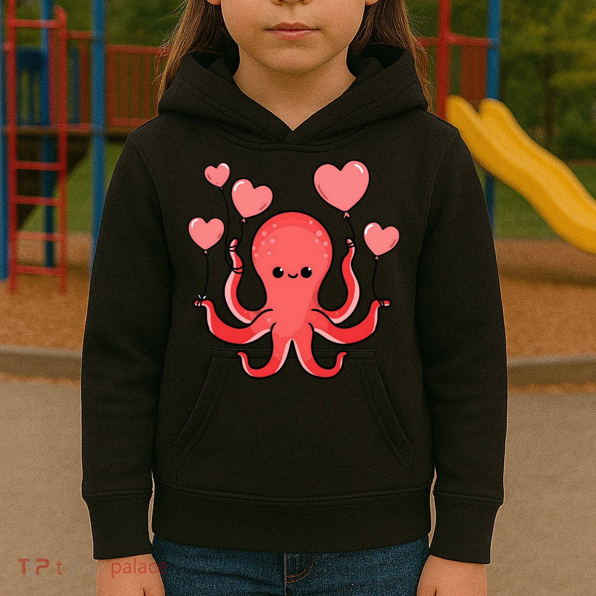 Octopus With Heart Balloons Valentines Day Octopus Kids Hoodie