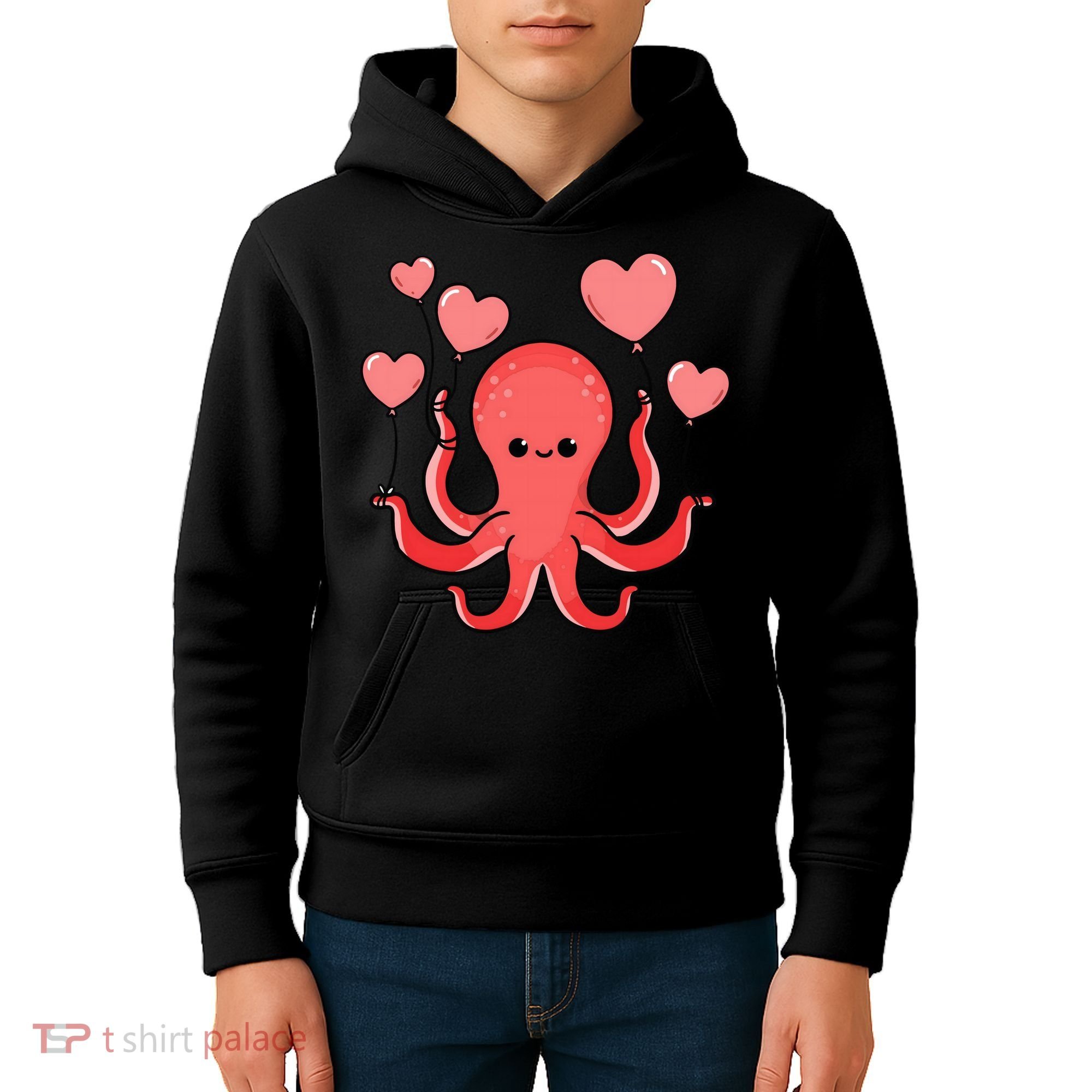 Octopus With Heart Balloons Valentines Day Octopus Kids Hoodie