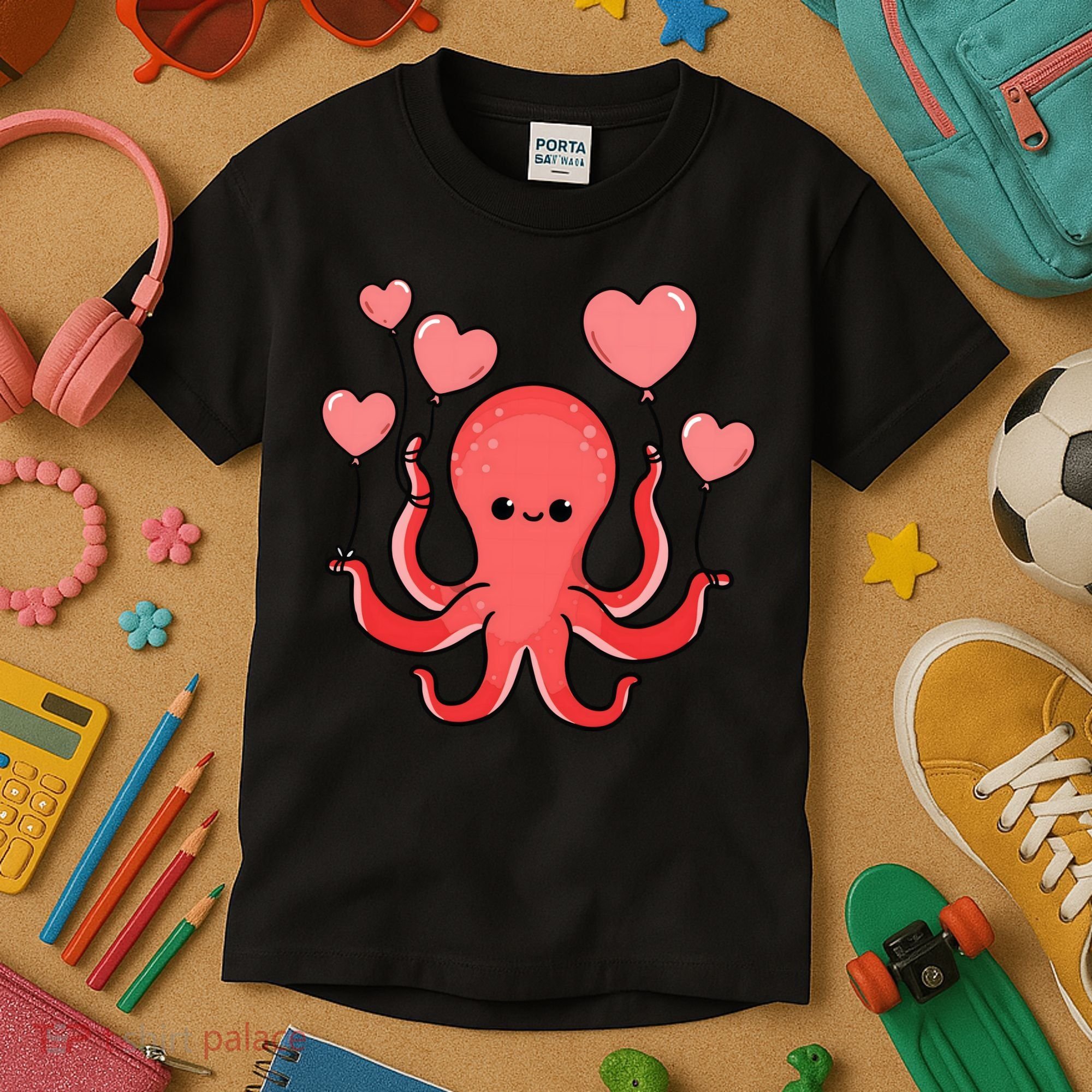 Octopus With Heart Balloons Valentines Day Octopus Kids T-Shirt