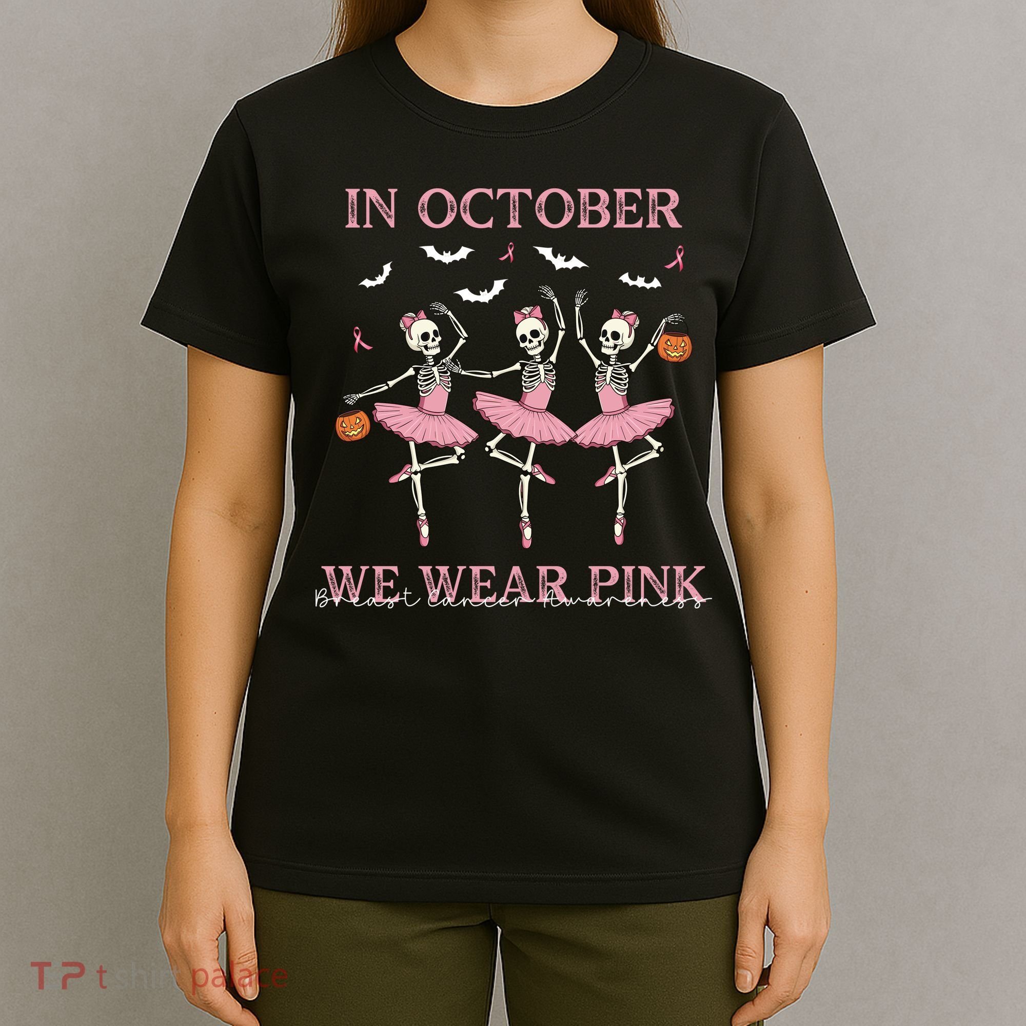 Octover We Wear Pink Breast Cancer Halloween Dancing Skeletons T-Shirt