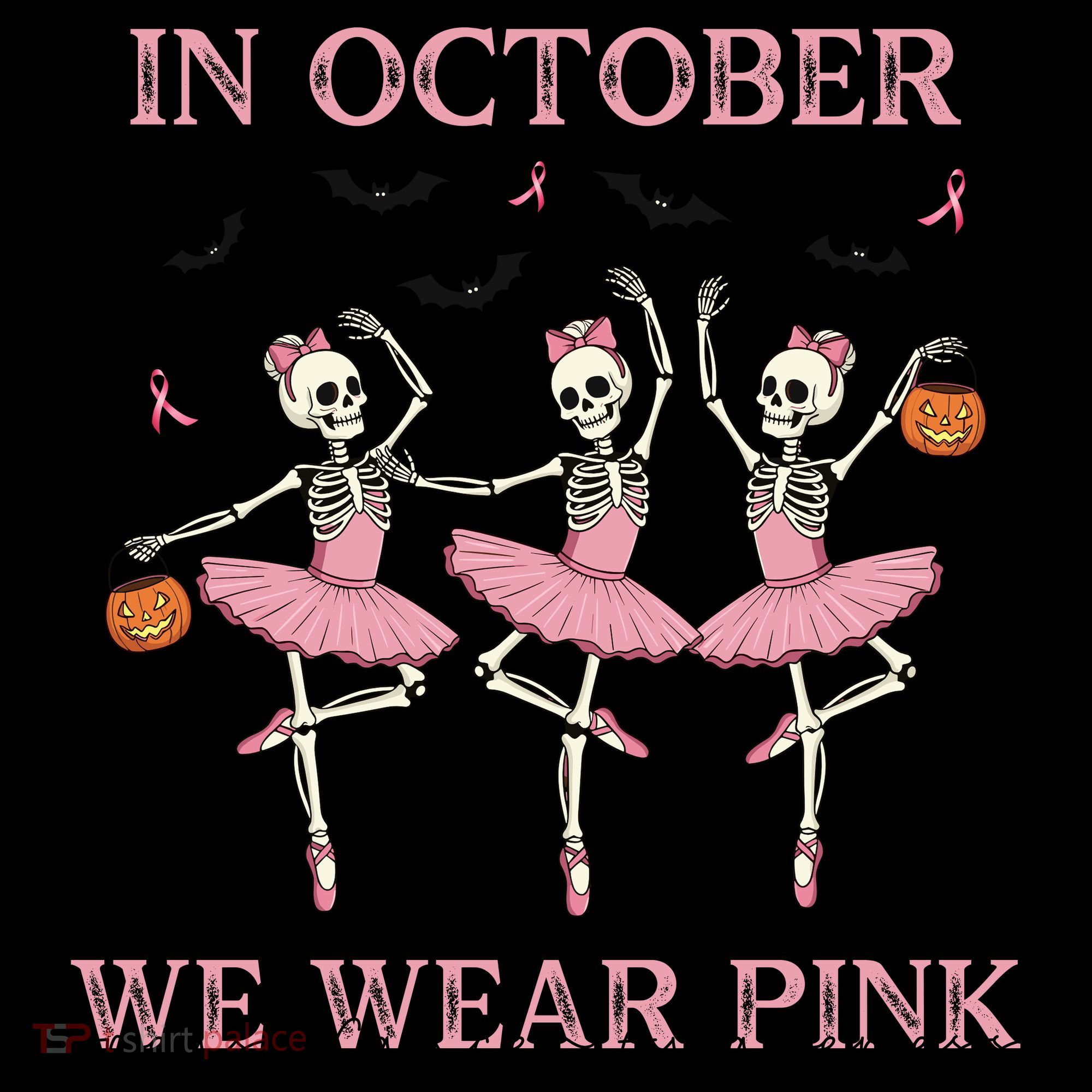 Octover We Wear Pink Breast Cancer Halloween Dancing Skeletons Coffee Mug