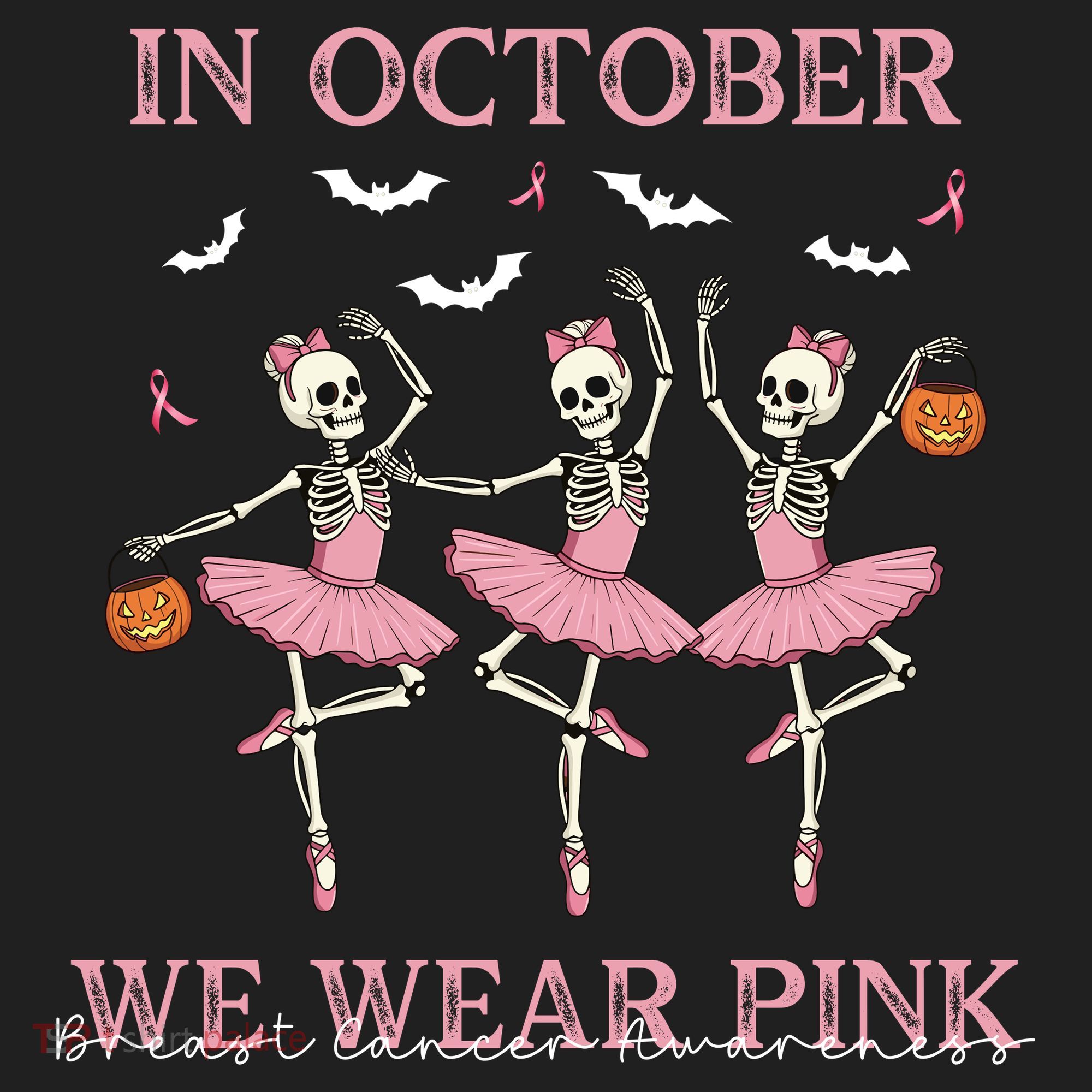 Octover We Wear Pink Breast Cancer Halloween Dancing Skeletons Beanie