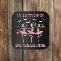 Octover We Wear Pink Breast Cancer Halloween Dancing Skeletons Coaster thumb 0