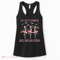 Octover We Wear Pink Breast Cancer Halloween Dancing Skeletons Women's Tank Top thumb 0