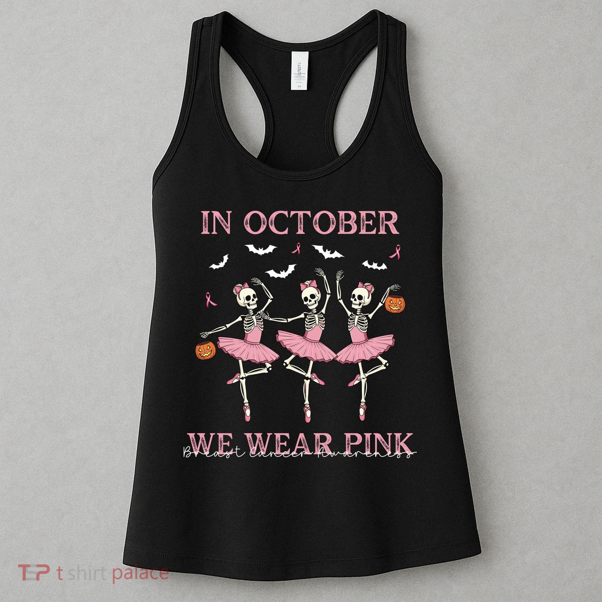 Octover We Wear Pink Breast Cancer Halloween Dancing Skeletons Women's Tank Top