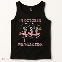 Octover We Wear Pink Breast Cancer Halloween Dancing Skeletons Tank Top thumb 2
