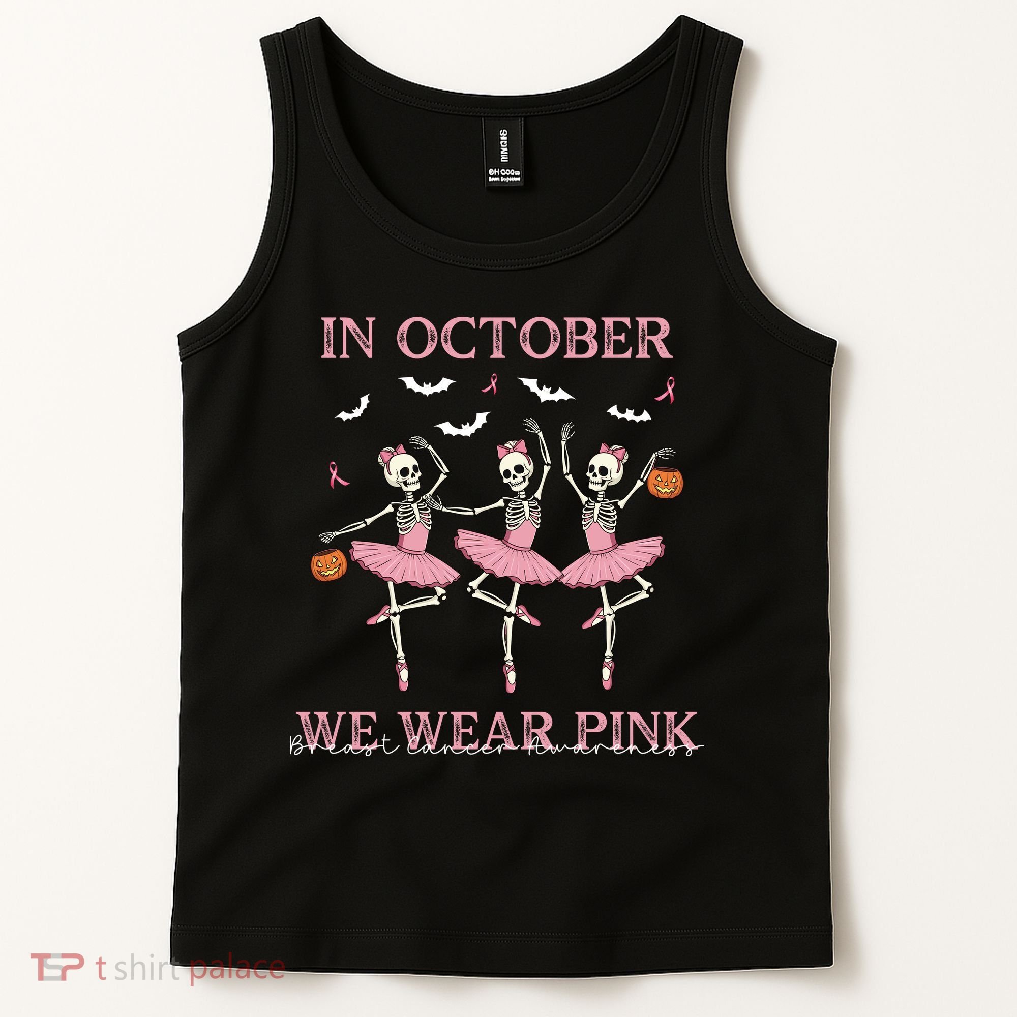 Octover We Wear Pink Breast Cancer Halloween Dancing Skeletons Tank Top