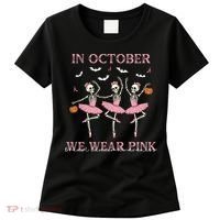 Octover We Wear Pink Breast Cancer Halloween Dancing Skeletons Women's T-Shirt thumb 0