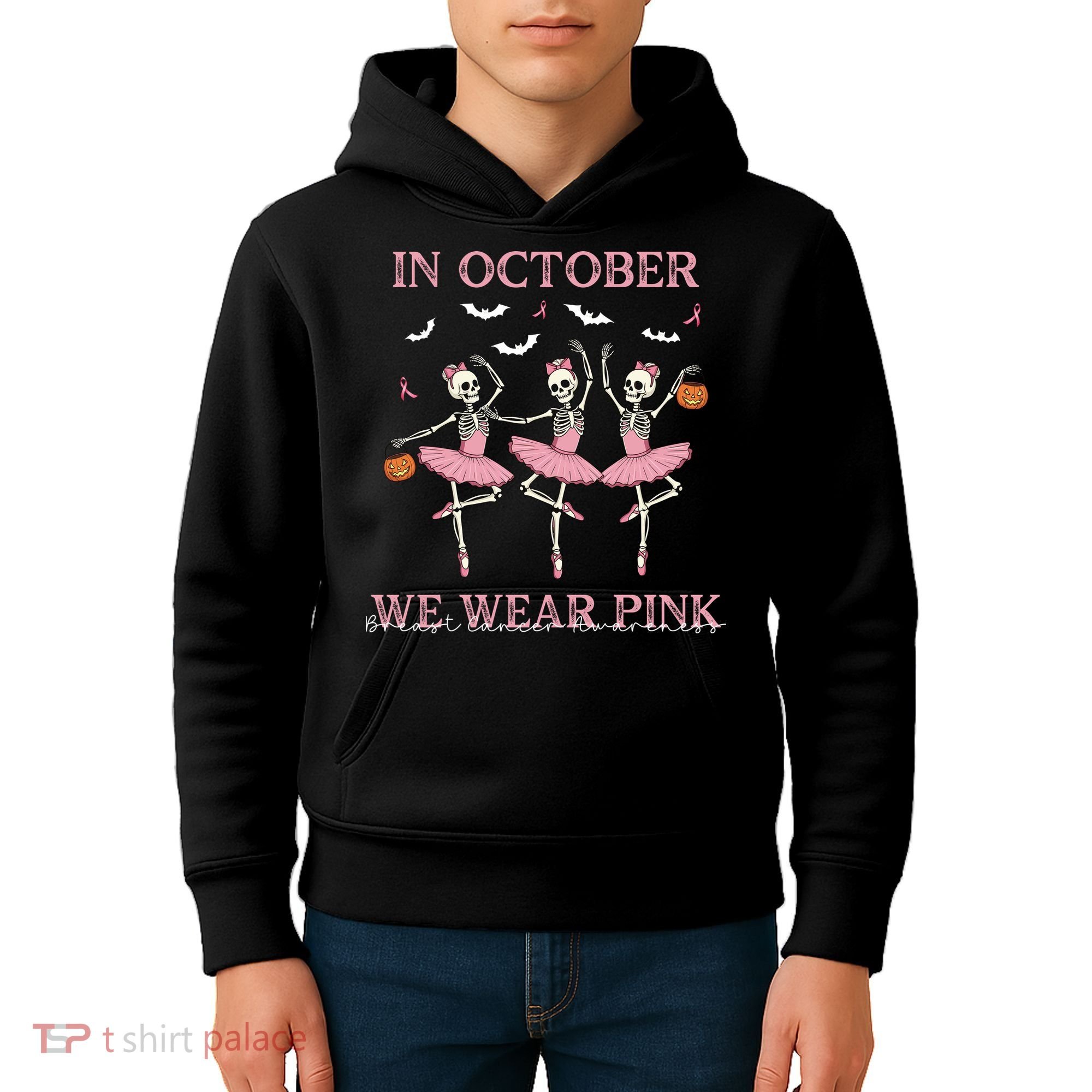Octover We Wear Pink Breast Cancer Halloween Dancing Skeletons Kids Hoodie
