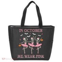 Octover We Wear Pink Breast Cancer Halloween Dancing Skeletons Tote Bag thumb 0