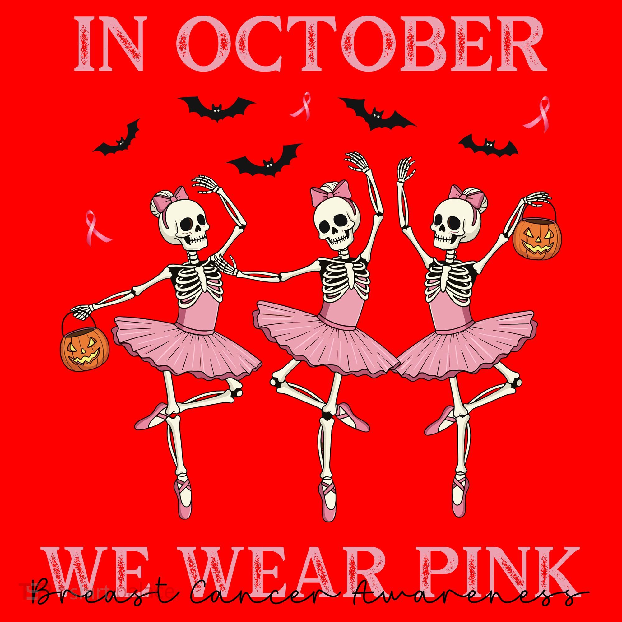 Octover We Wear Pink Breast Cancer Halloween Dancing Skeletons Santa Hat