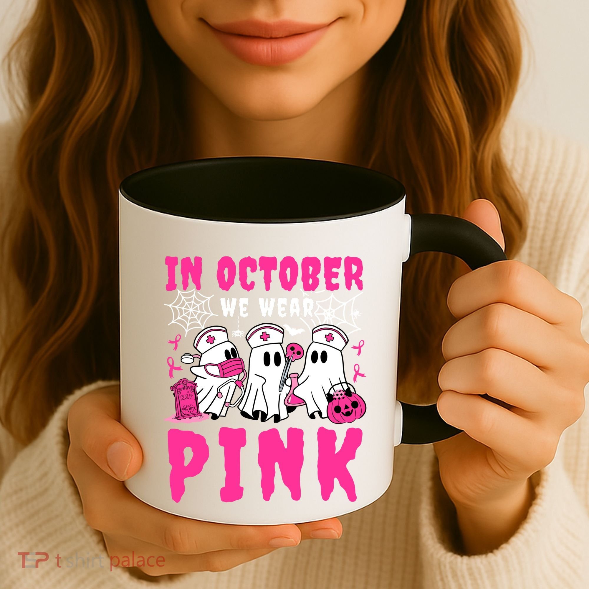 October We Wear Rn Nurse Ghost Halloween Breast Cancer Cool Gift Coffee Mug
